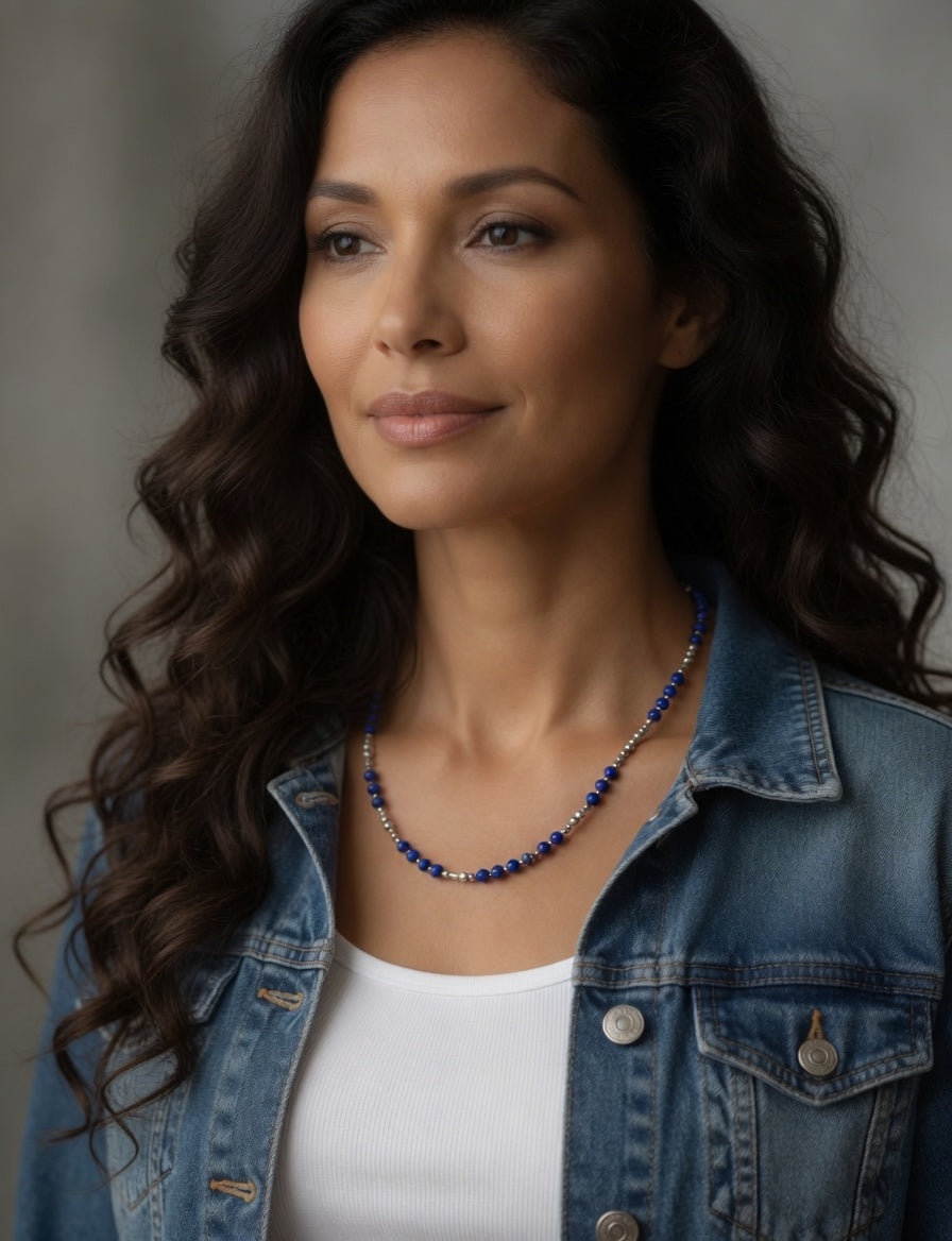 Lapis & Sterling Silver Beaded Necklace 17"