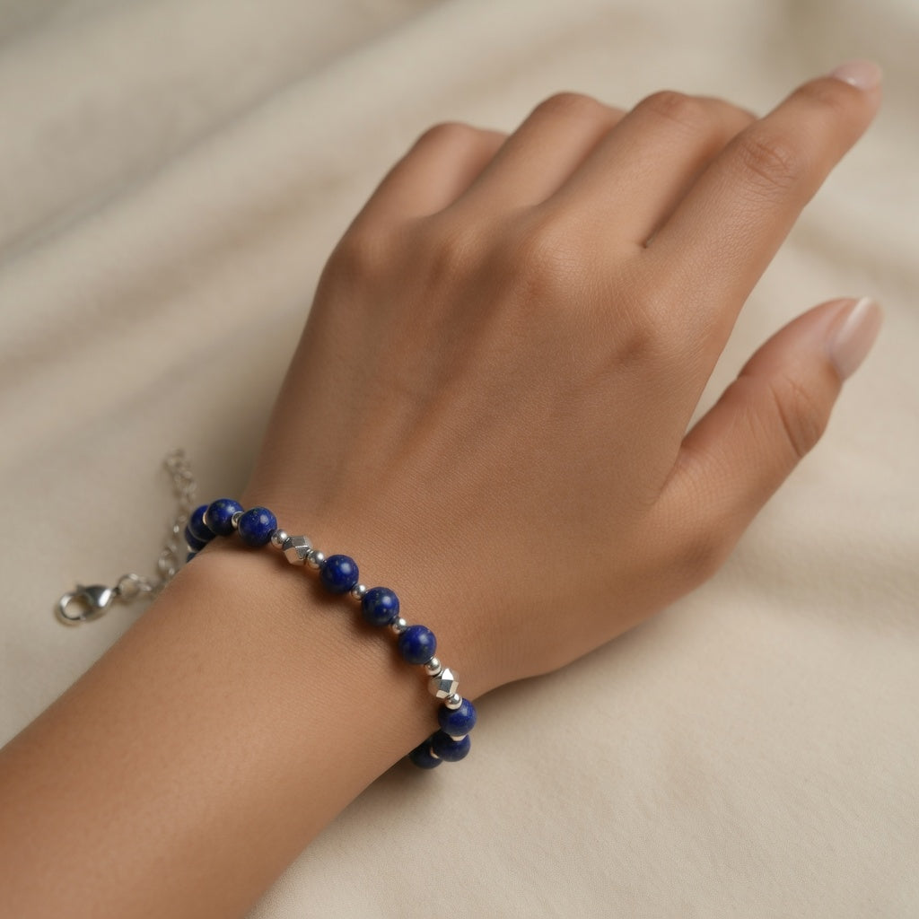 Lapis & Sterling Silver Beaded Bracelet 8"