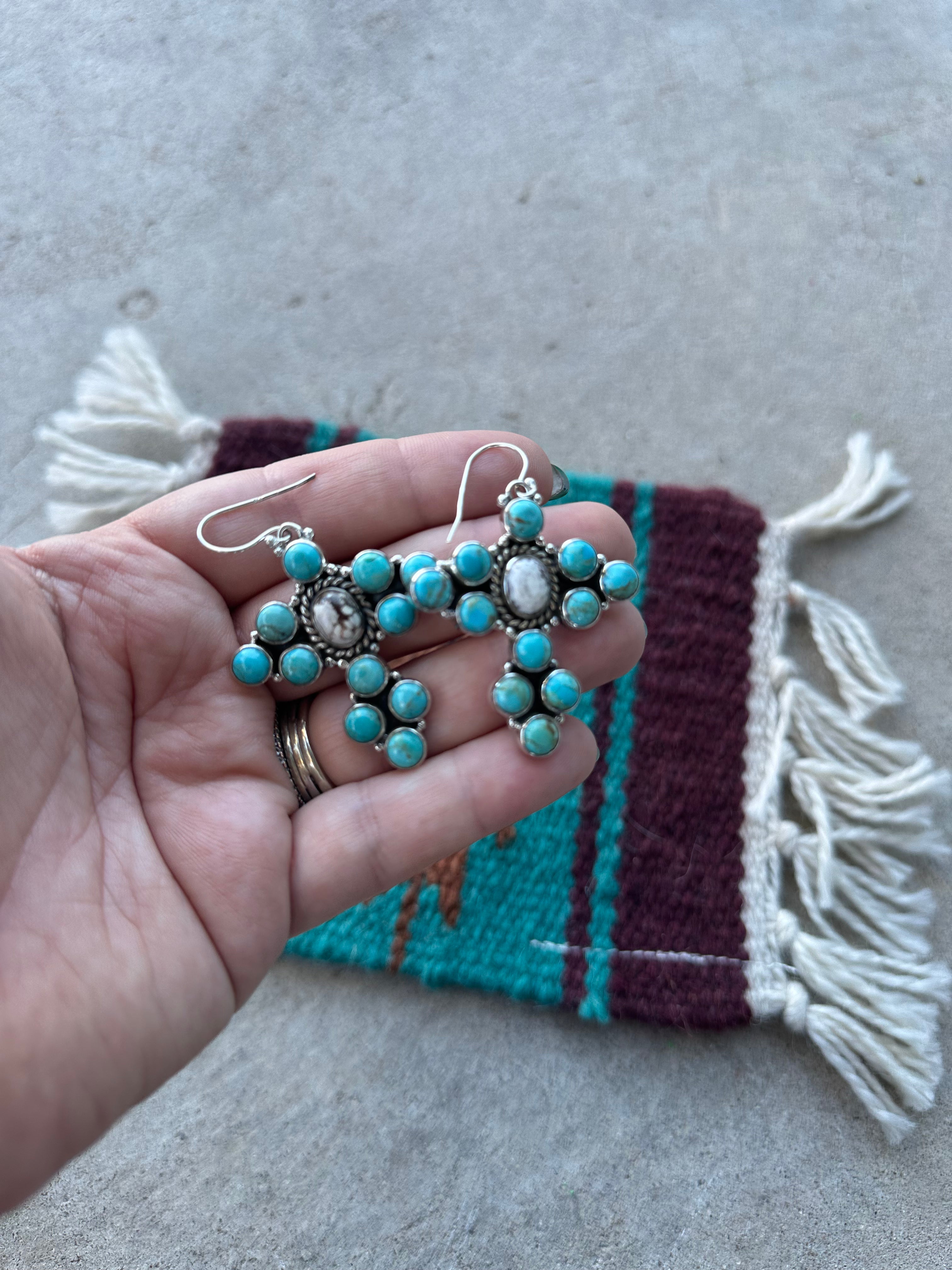 Handmade Turquoise, Wild Horse And Sterling Silver Cluster Dangle Earrings