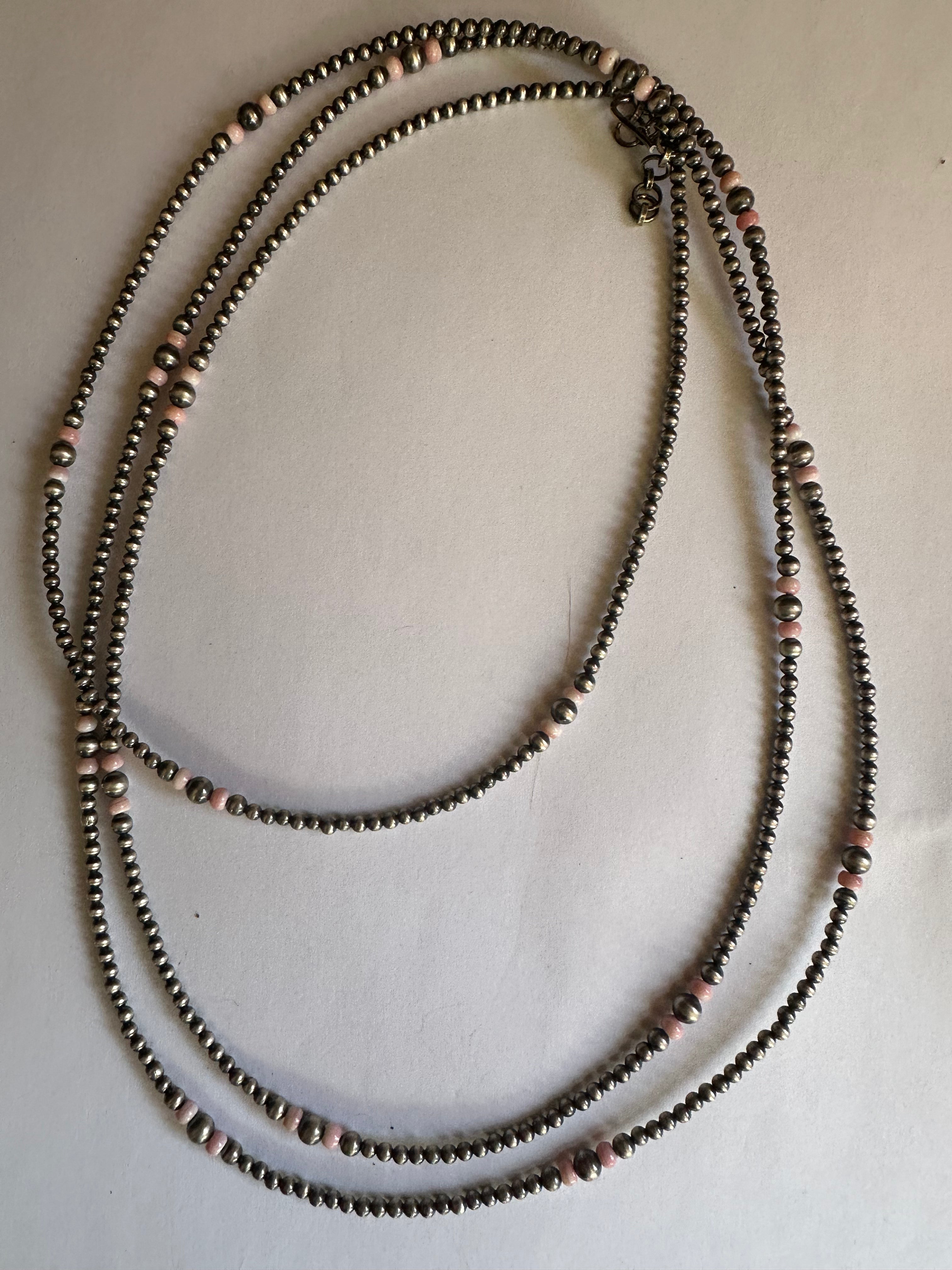 Handmade Sterling Silver 3-5mm Pink Conch Beaded Necklace 60”