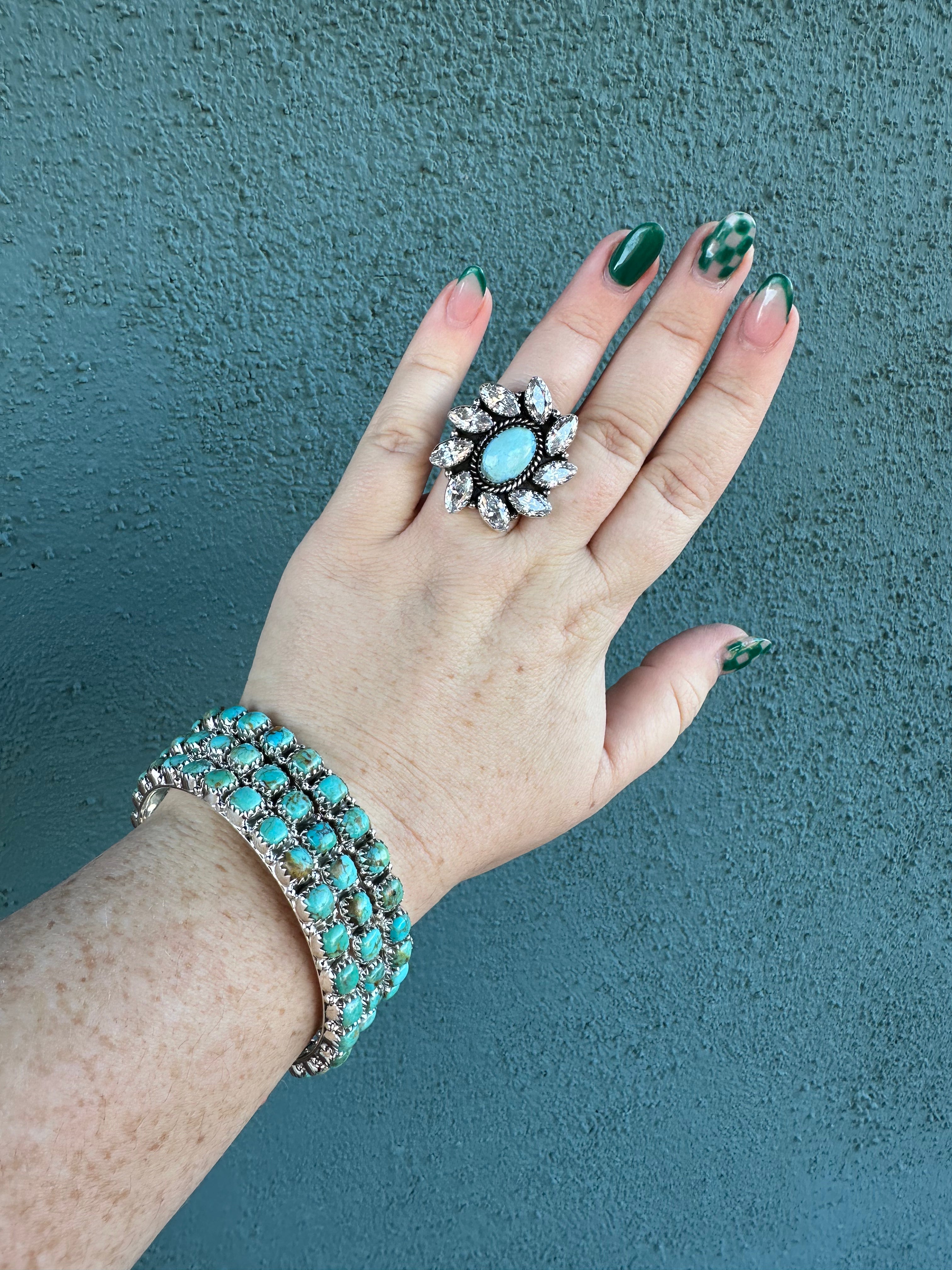 NFR COLLECTION Handmade Golden Hills Turquoise, CZ & Sterling Silver Adjustable Ring Signed Nizhoni