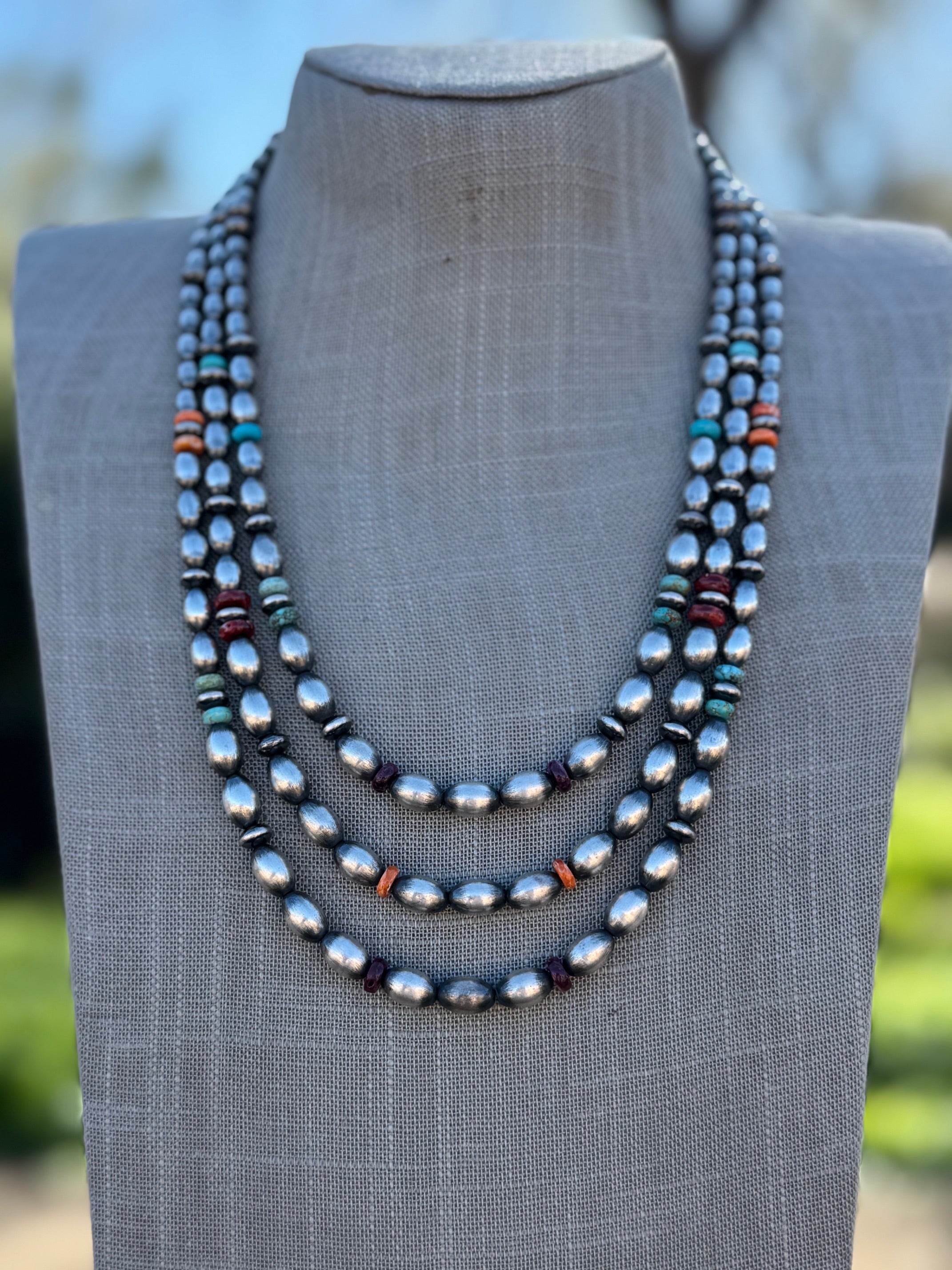 Handcrafted Sterling Silver Spiny and Turquoise 5-8mm Melon Beaded Necklace