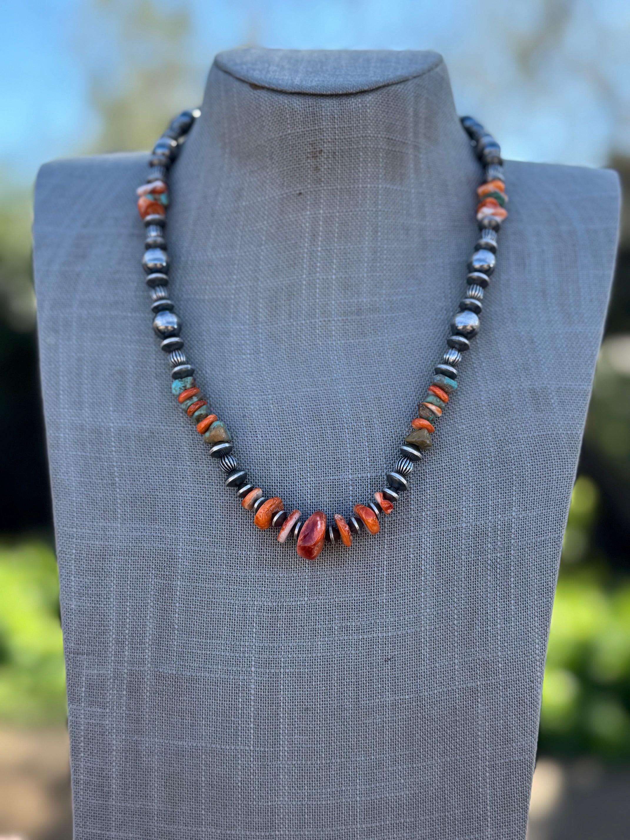 Handcrafted Turquoise & Spiny Sterling Silver Necklace by Chimney Butte 20"