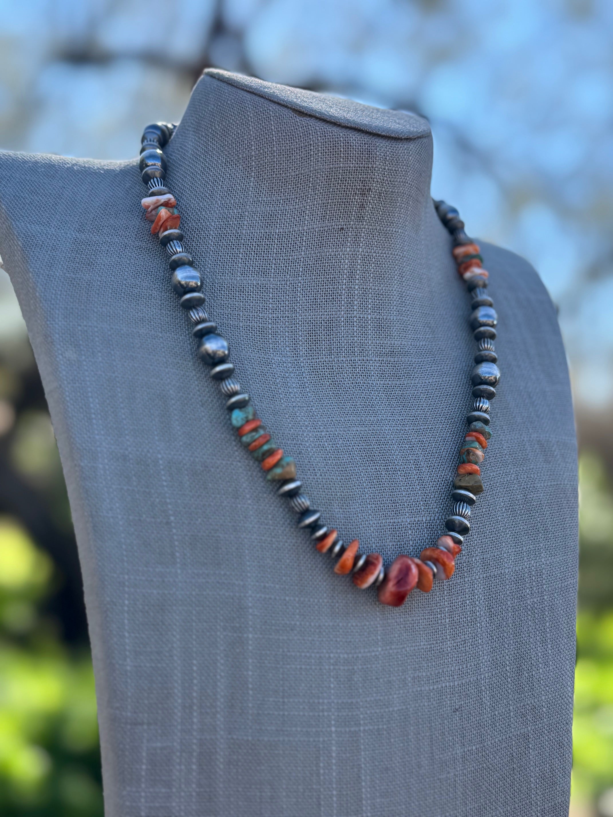 Handcrafted Turquoise & Spiny Sterling Silver Necklace by Chimney Butte 20"