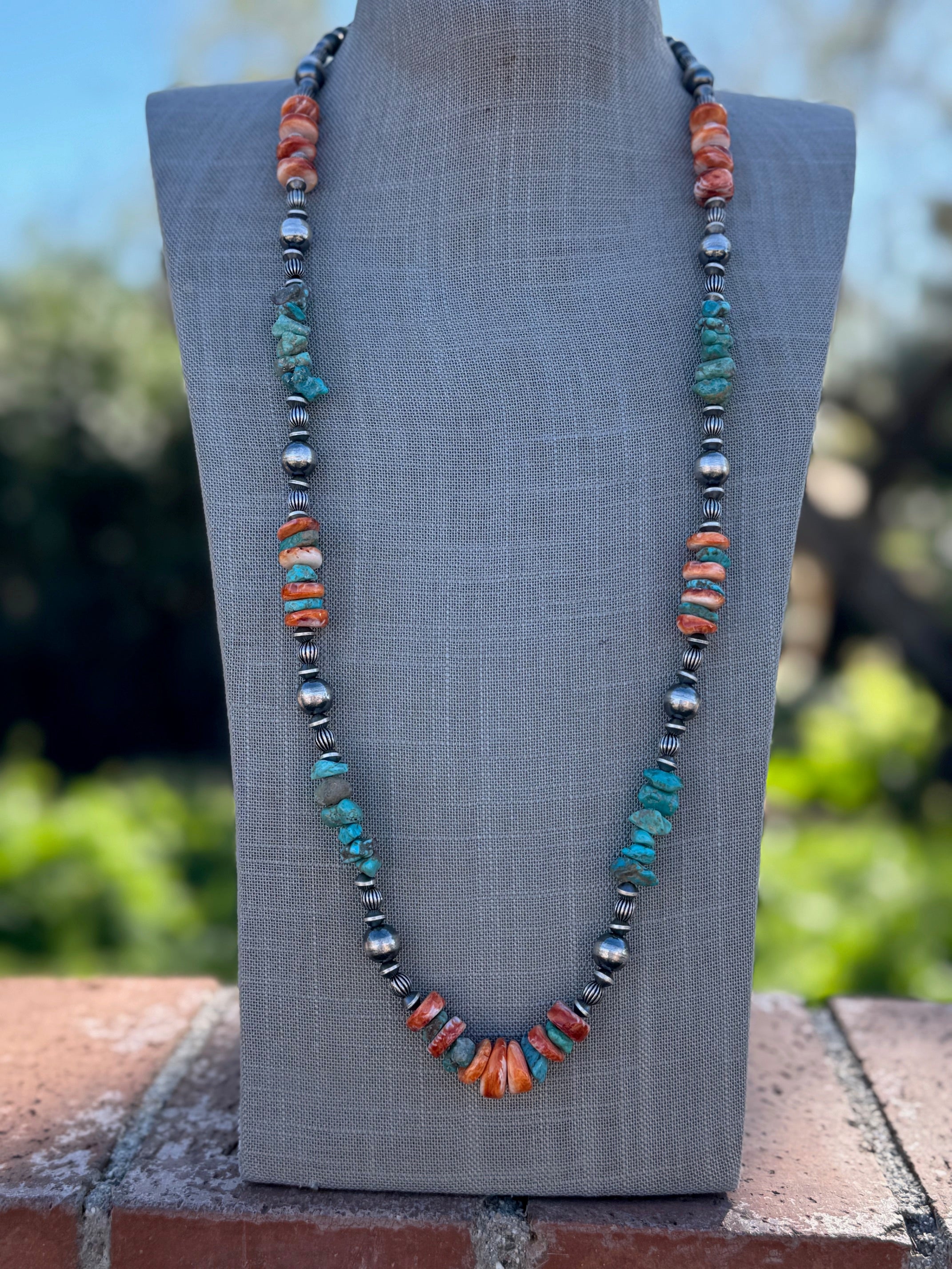 Handcrafted Turquoise & Spiny Sterling Silver Necklace by Chimney Butte 32"