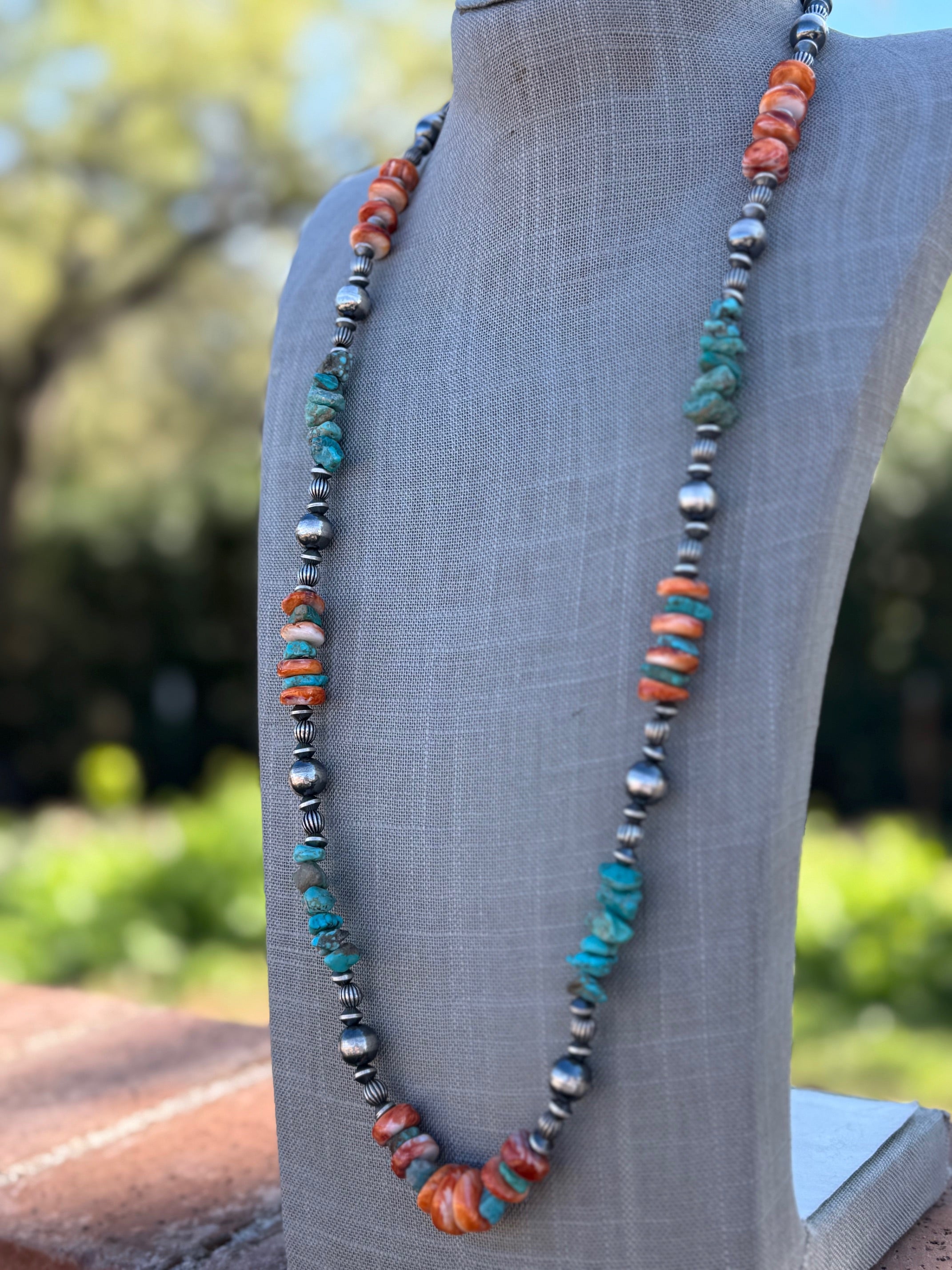 Handcrafted Turquoise & Spiny Sterling Silver Necklace by Chimney Butte 32"