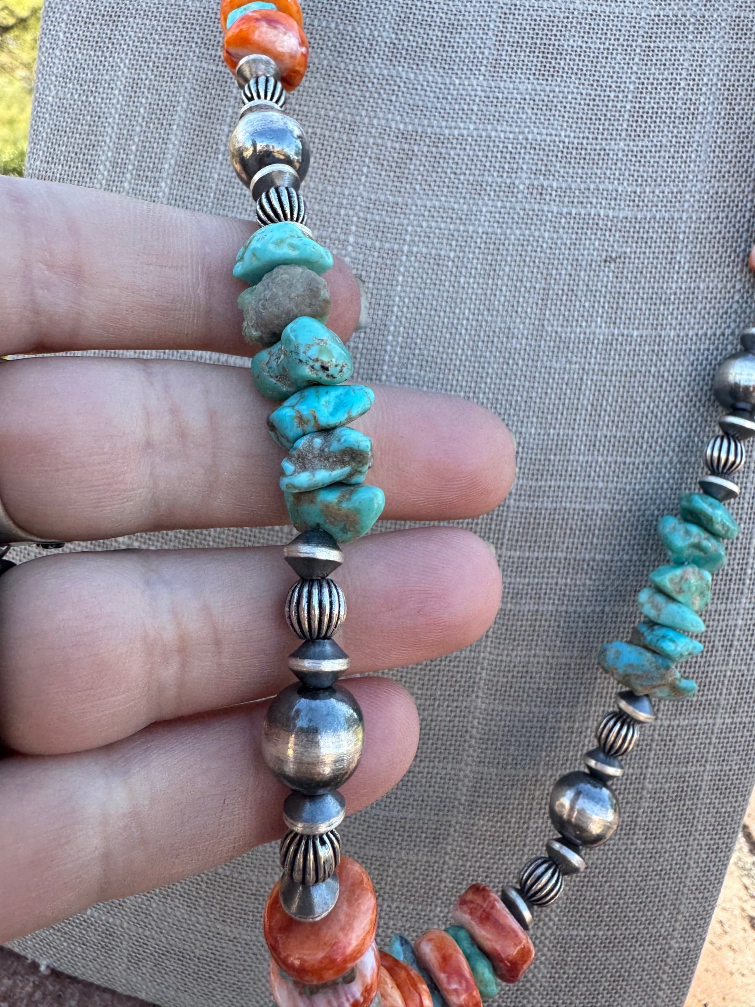 Handcrafted Turquoise & Spiny Sterling Silver Necklace by Chimney Butte 32"
