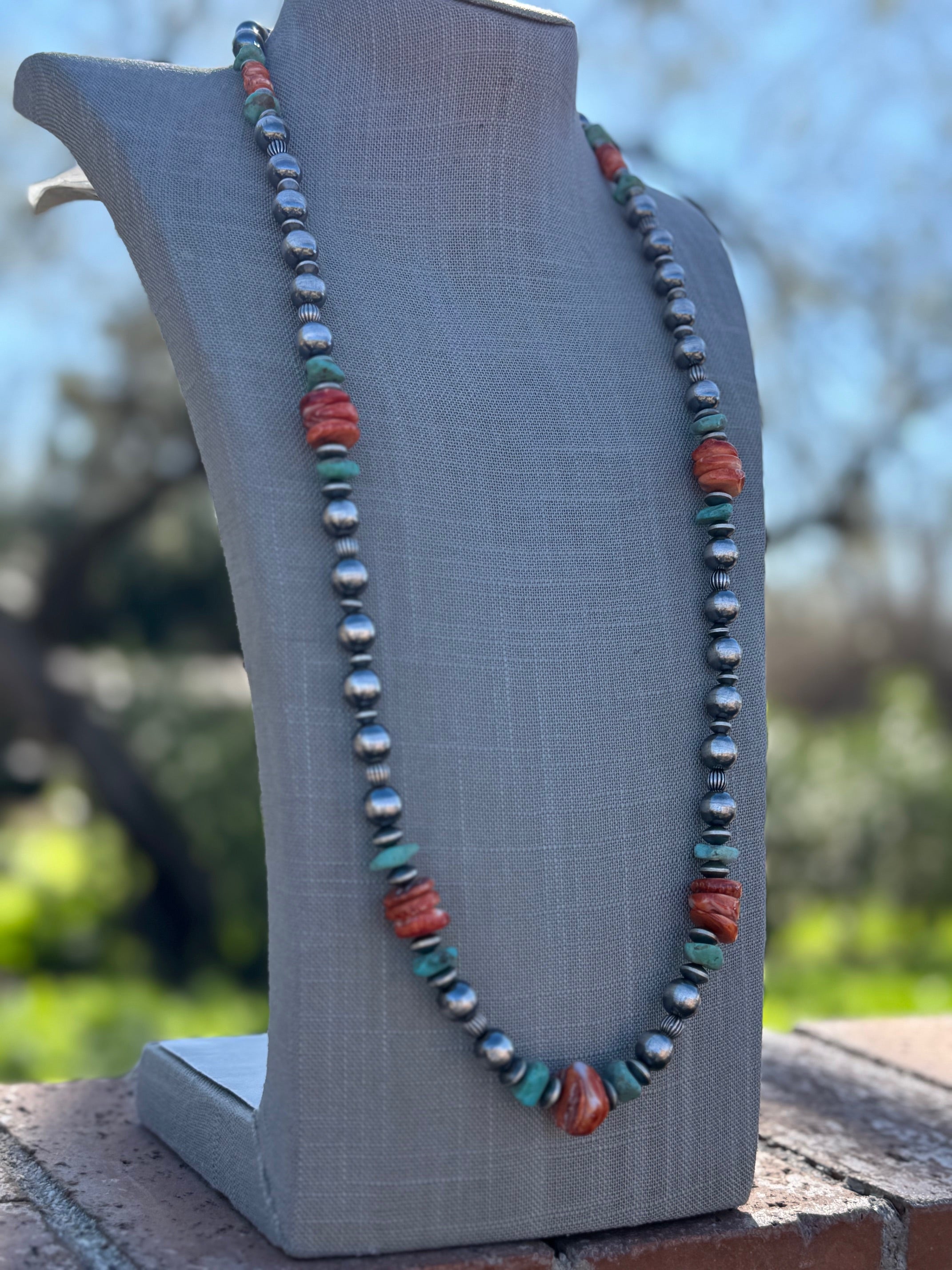 Handcrafted Turquoise & Spiny Sterling Silver Necklace by Chimney Butte 32"