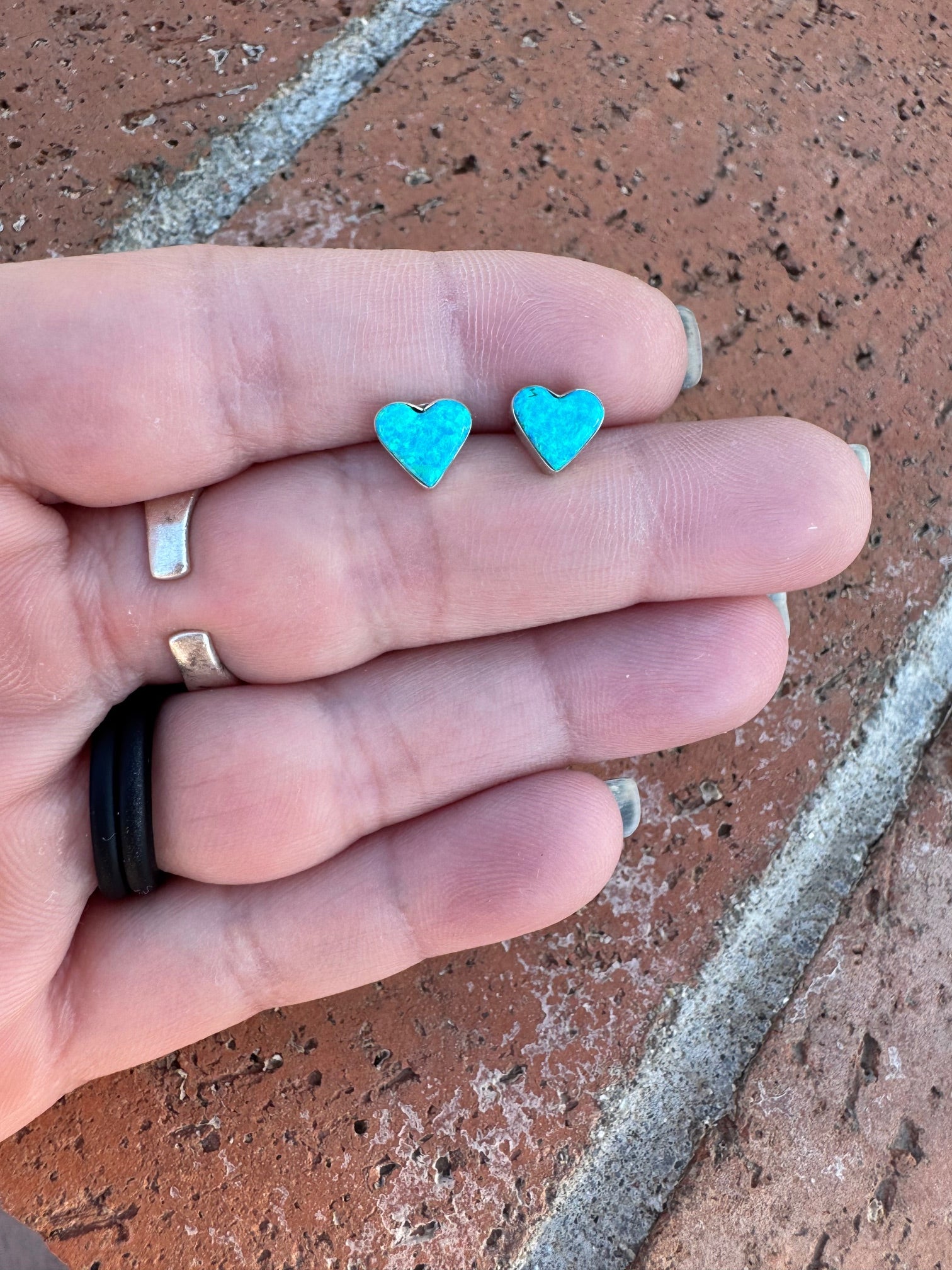 Handcrafted Sterling Silver & Blue Opal Stud Heart Earrings