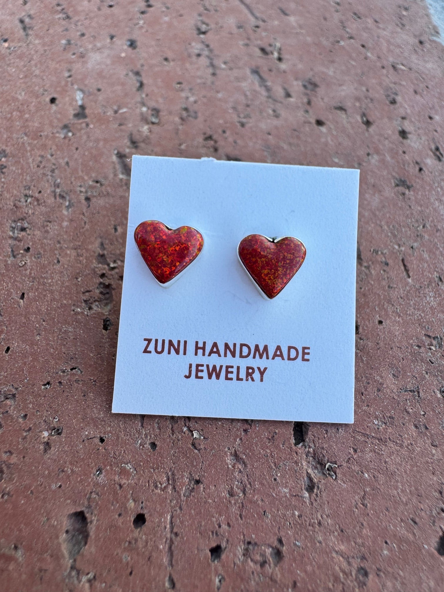 Handcrafted Sterling Silver & Red Opal Stud Heart Earrings