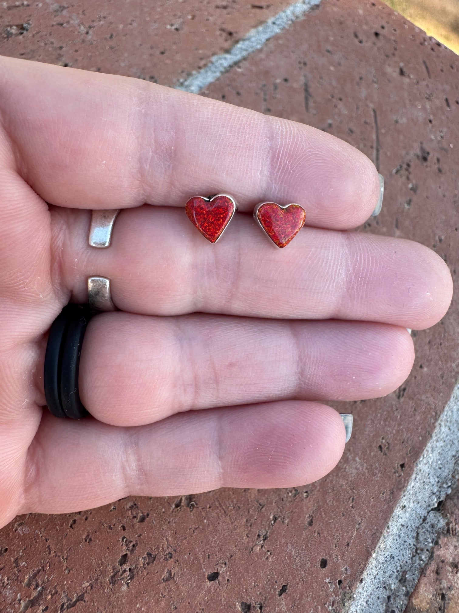 Handcrafted Sterling Silver & Red Opal Stud Heart Earrings