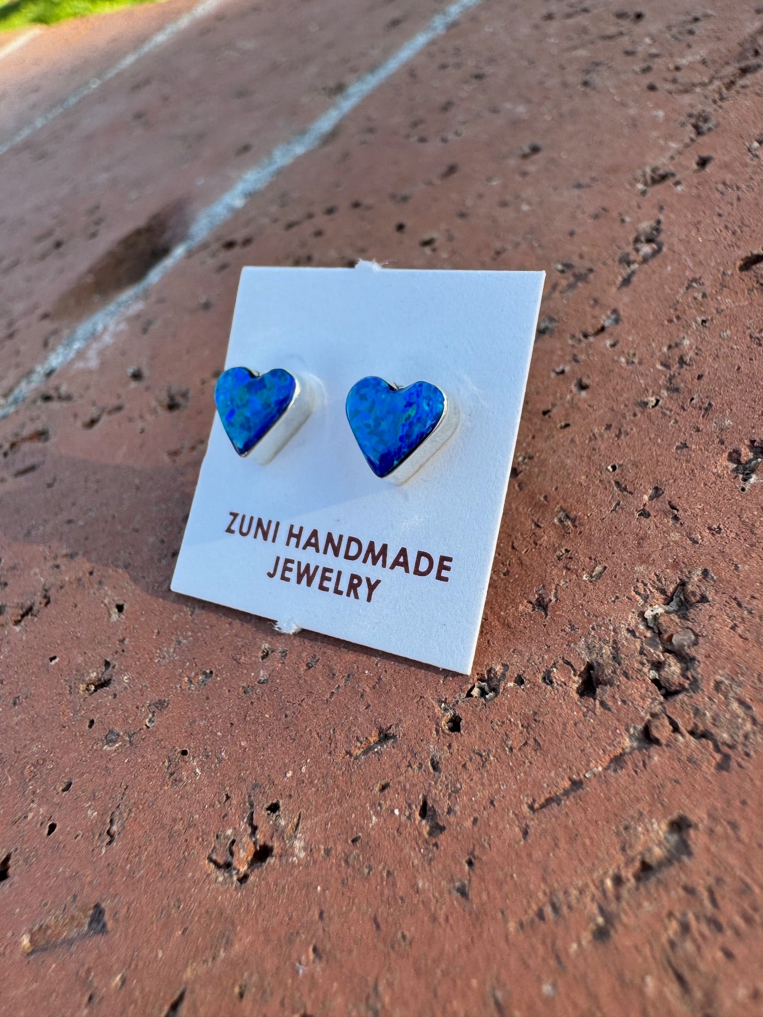 Handcrafted Sterling Silver & Blue Opal Stud Heart Earrings