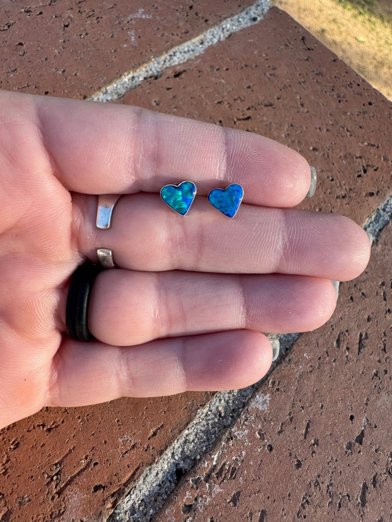 Handcrafted Sterling Silver & Blue Opal Stud Heart Earrings