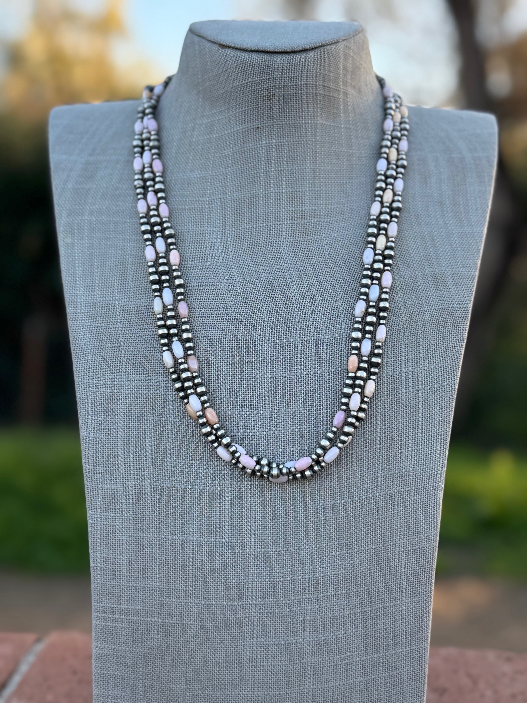 Handcrafted Pink Conch & Sterling Silver 3-5mm Beaded Necklace 24"