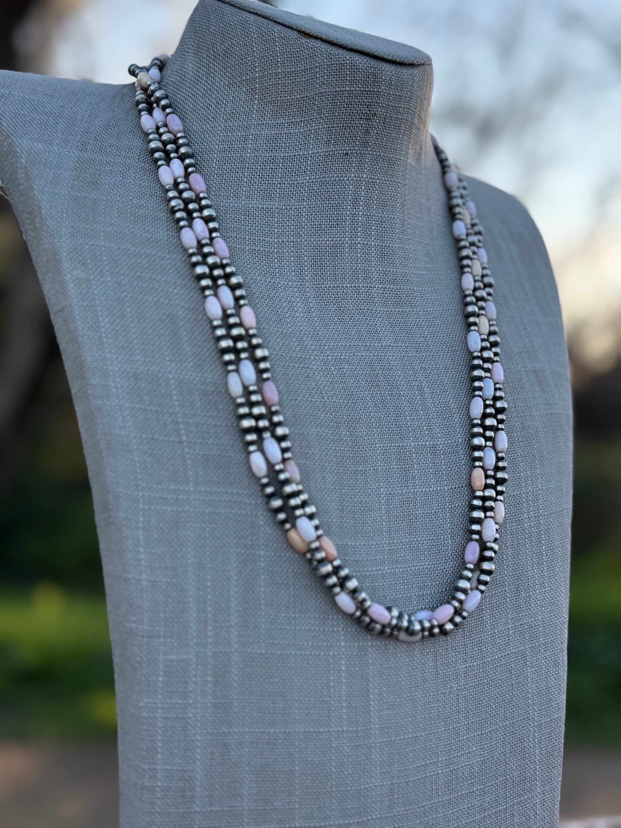 Handcrafted Pink Conch & Sterling Silver 3-5mm Beaded Necklace 24"