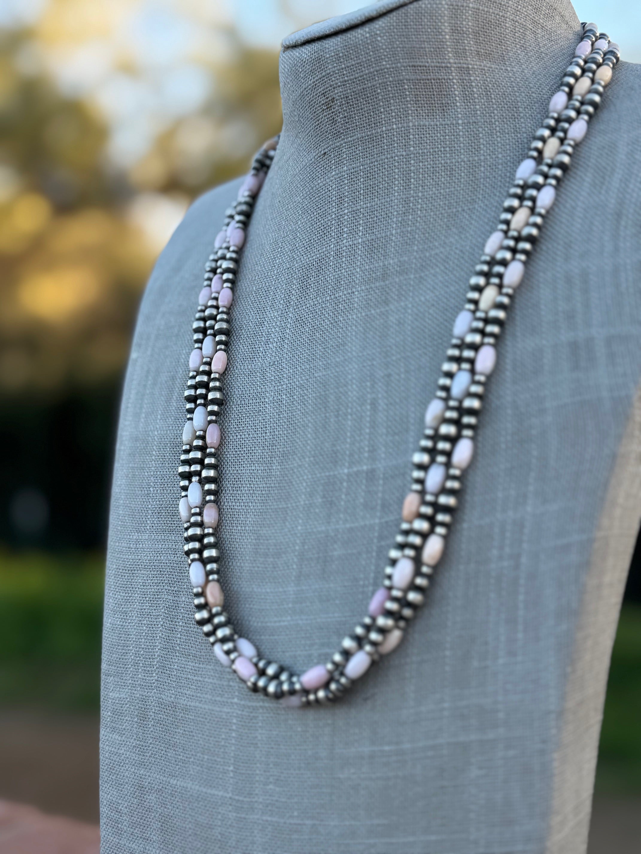 Handcrafted Pink Conch & Sterling Silver 3-5mm Beaded Necklace 24"