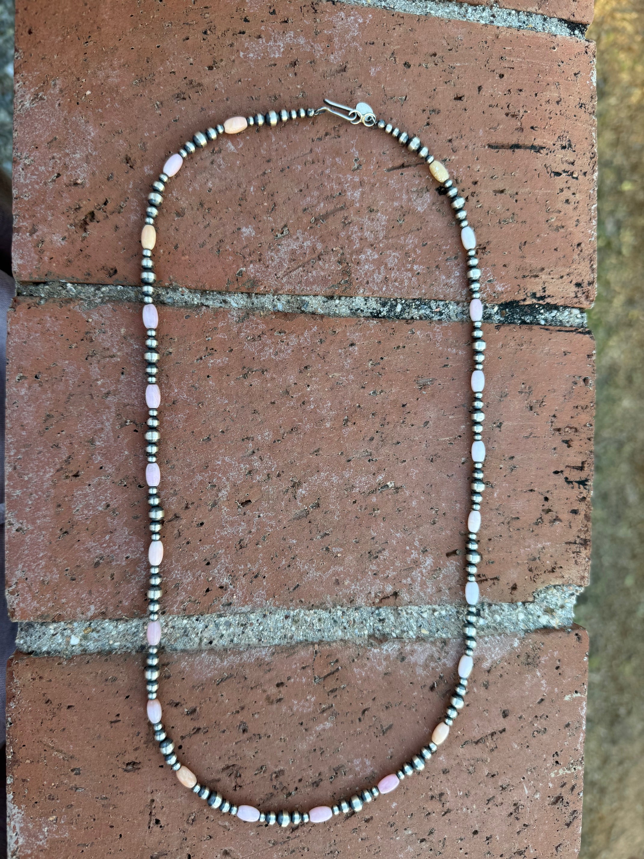 Handcrafted Pink Conch & Sterling Silver 3-5mm Beaded Necklace 24"