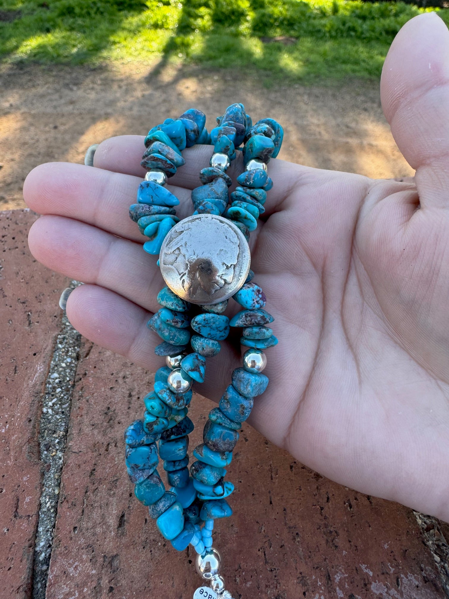 Paige Wallace Handmade Turquoise & Sterling Silver Beaded 3 Strand Bracelet 7.5"