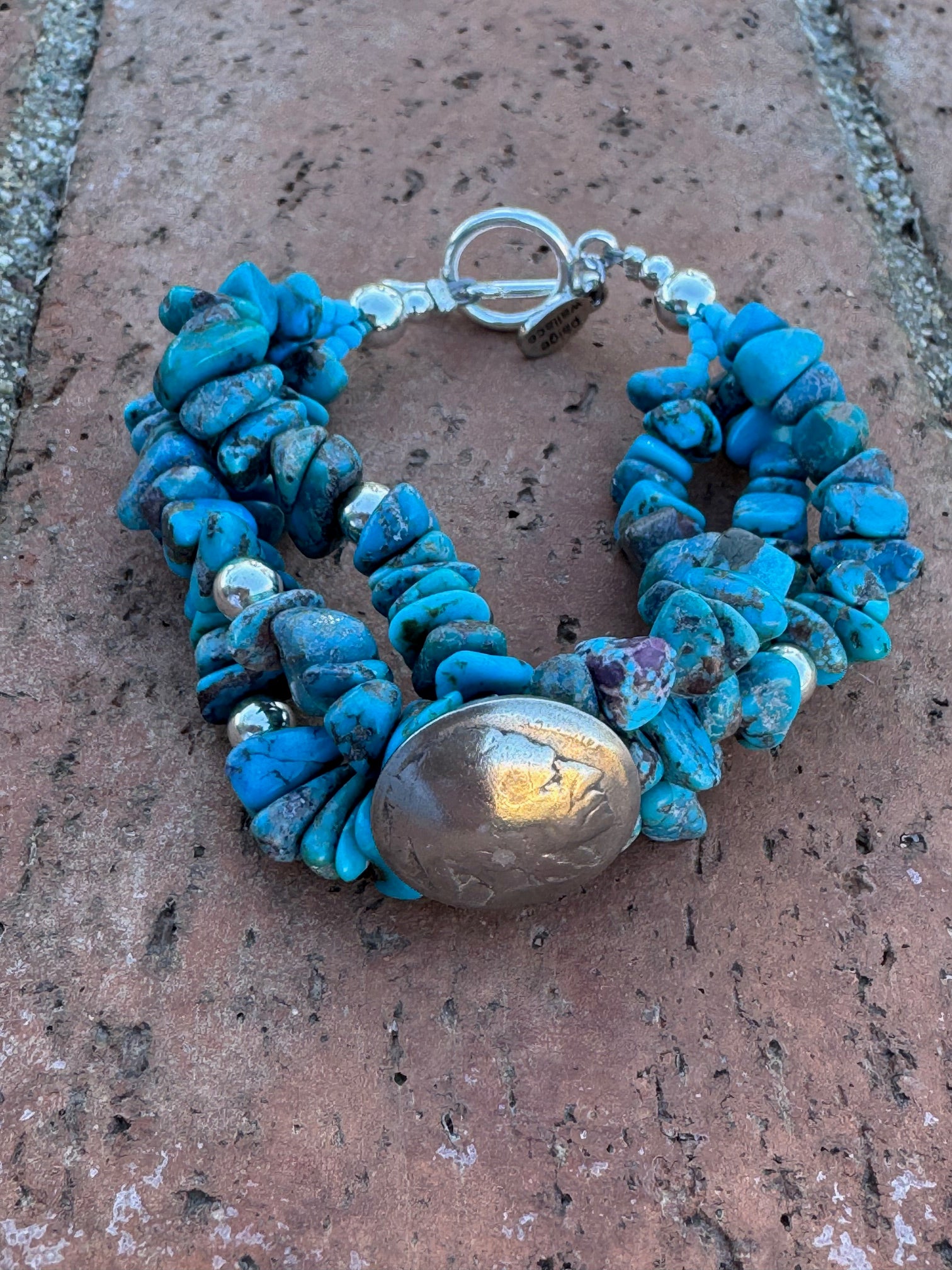 Paige Wallace Handmade Turquoise & Sterling Silver Beaded 3 Strand Bracelet 7.5"