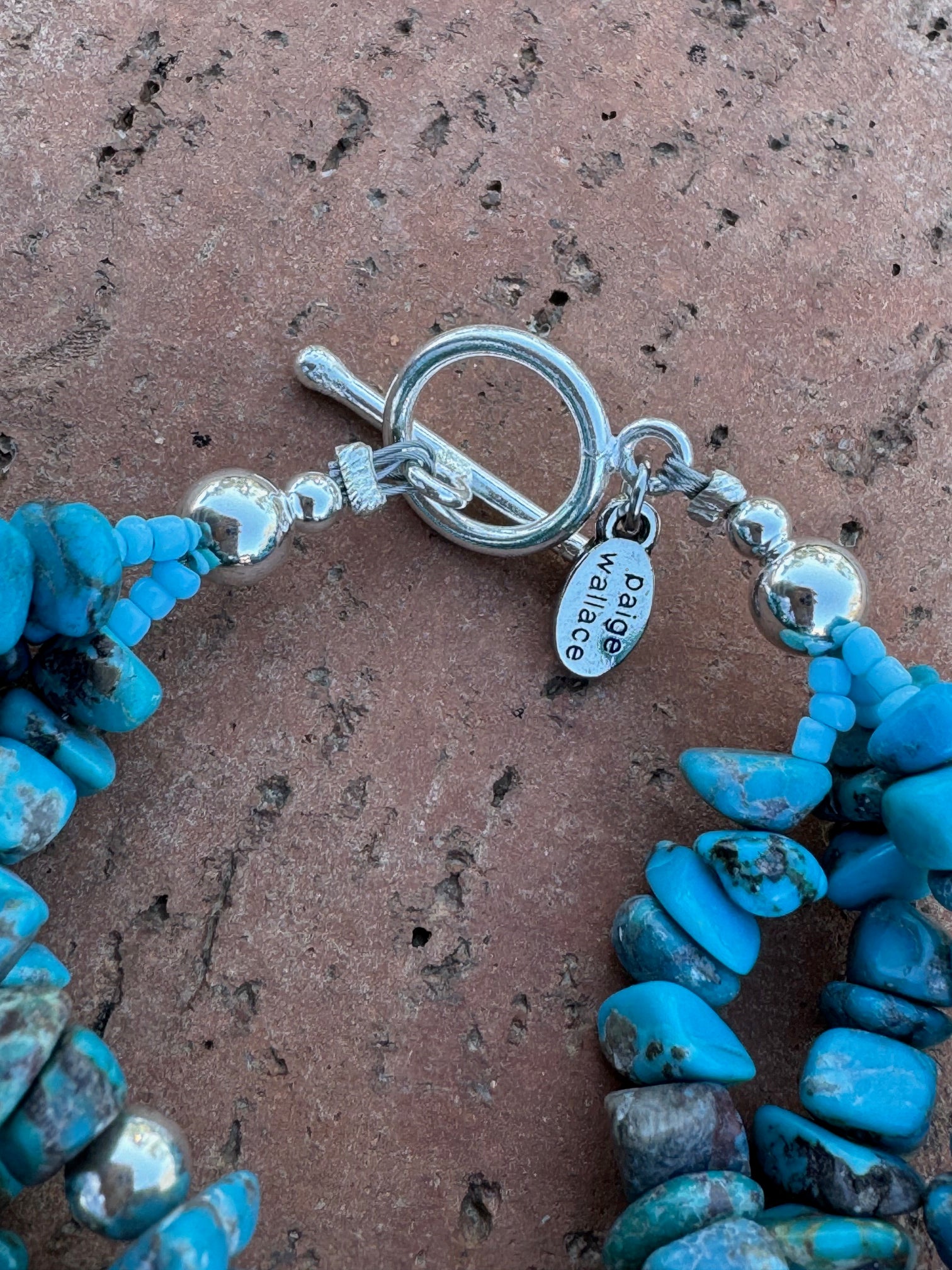 Paige Wallace Handmade Turquoise & Sterling Silver Beaded 3 Strand Bracelet 7.5"