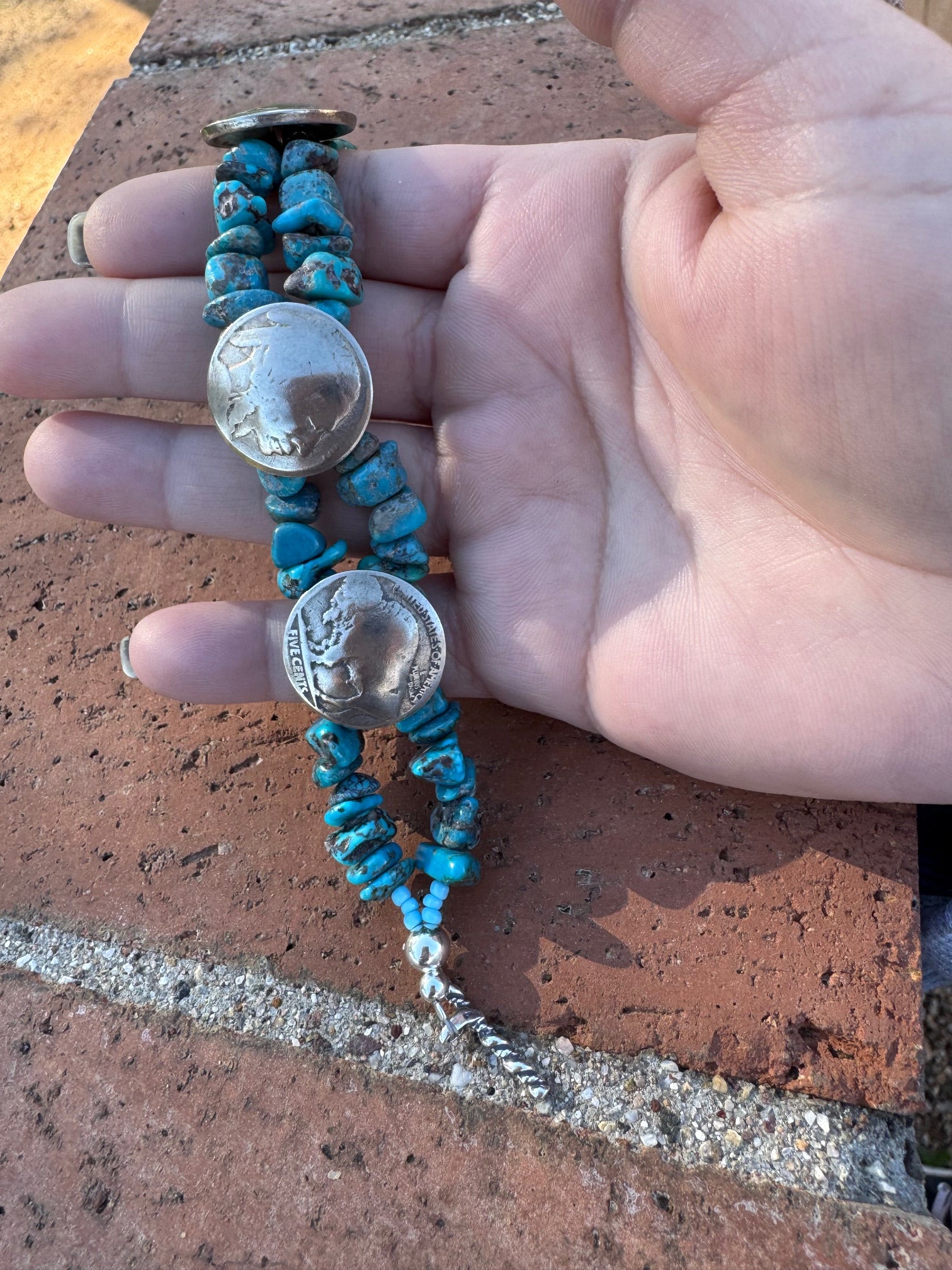 Paige Wallace Handmade Turquoise & Sterling Silver Beaded 2 Strand Bracelet 8"