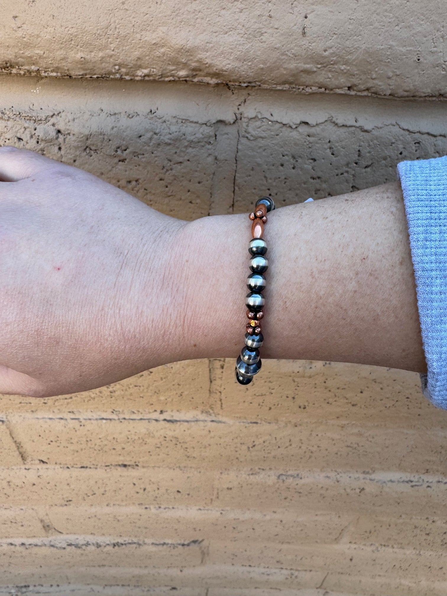 Handcrafted Copper & Sterling Silver Pearl 6mm Beaded Stretch Bracelet 7"