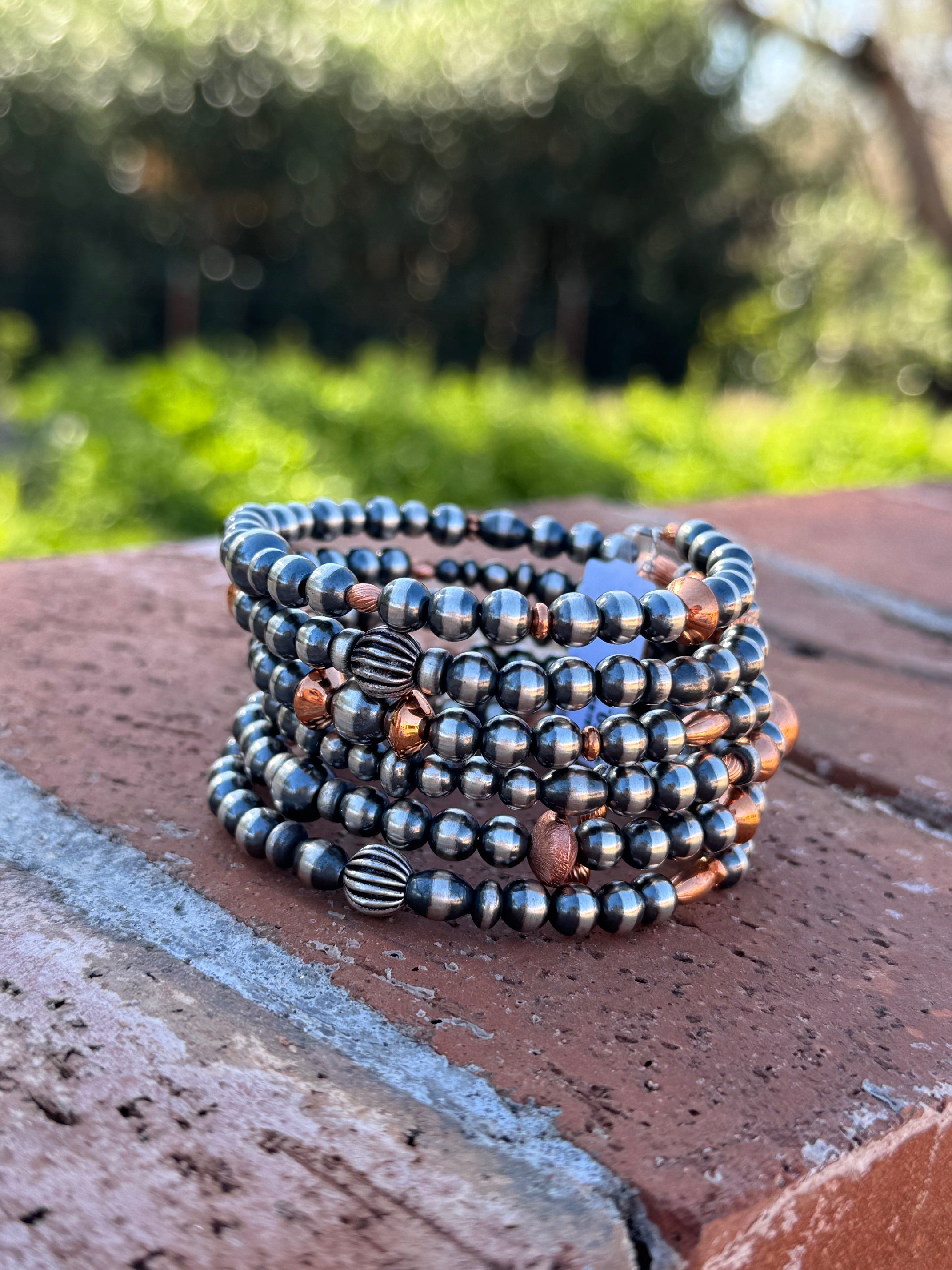 Handcrafted Copper & Sterling Silver Pearl 6-8mm Beaded 6 strand Stretch Bracelet