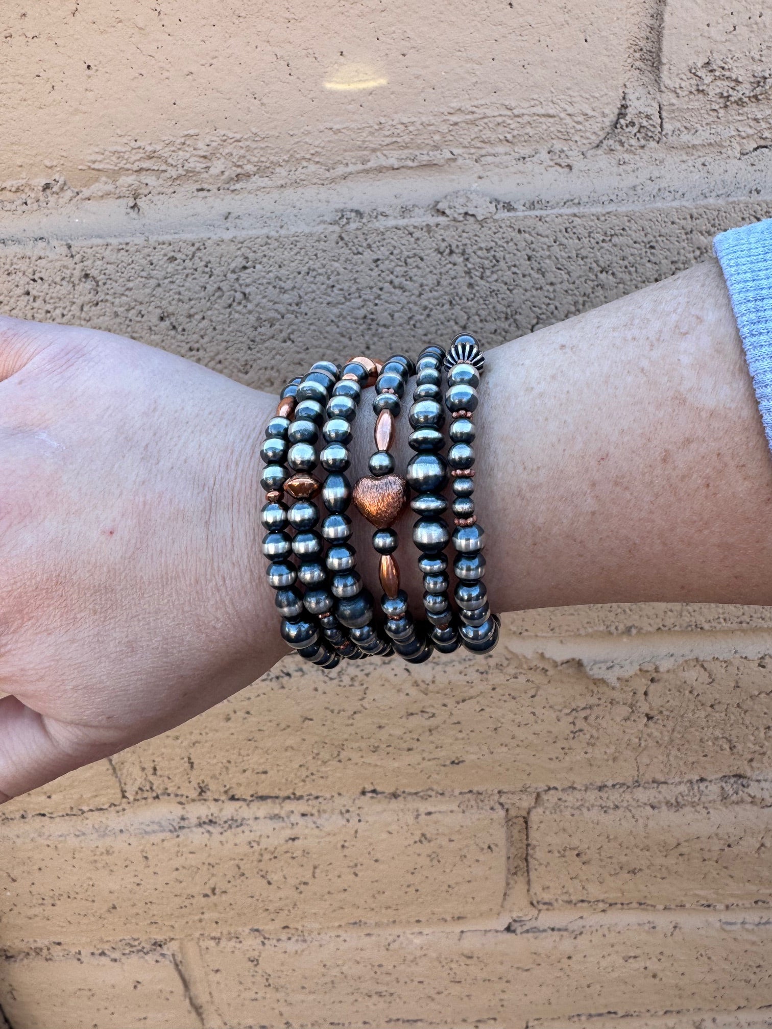 Handcrafted Copper & Sterling Silver Pearl 6-8mm Beaded 6 strand Stretch Bracelet