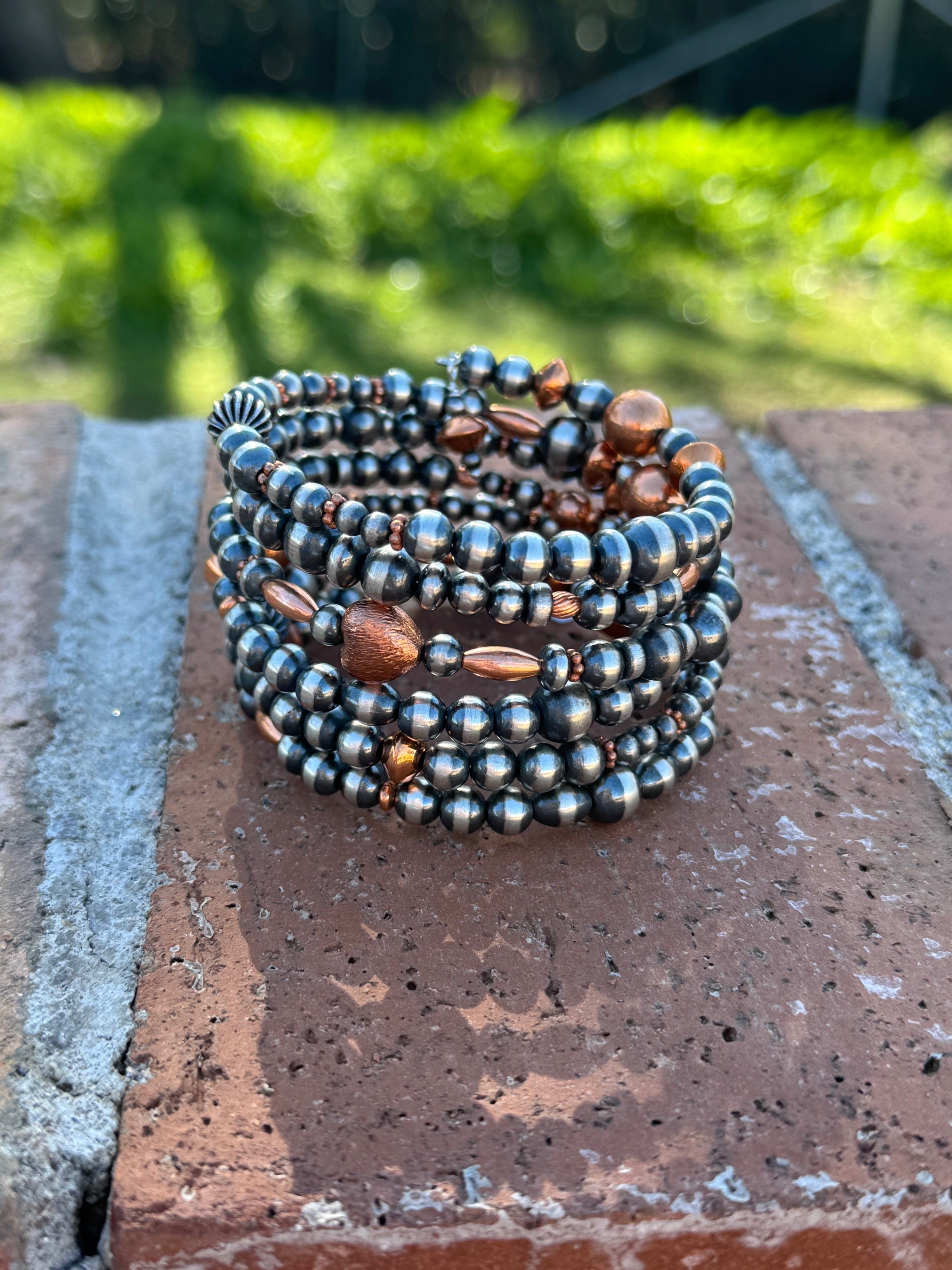 Handcrafted Copper & Sterling Silver Pearl 6-8mm Beaded 6 strand Stretch Bracelet