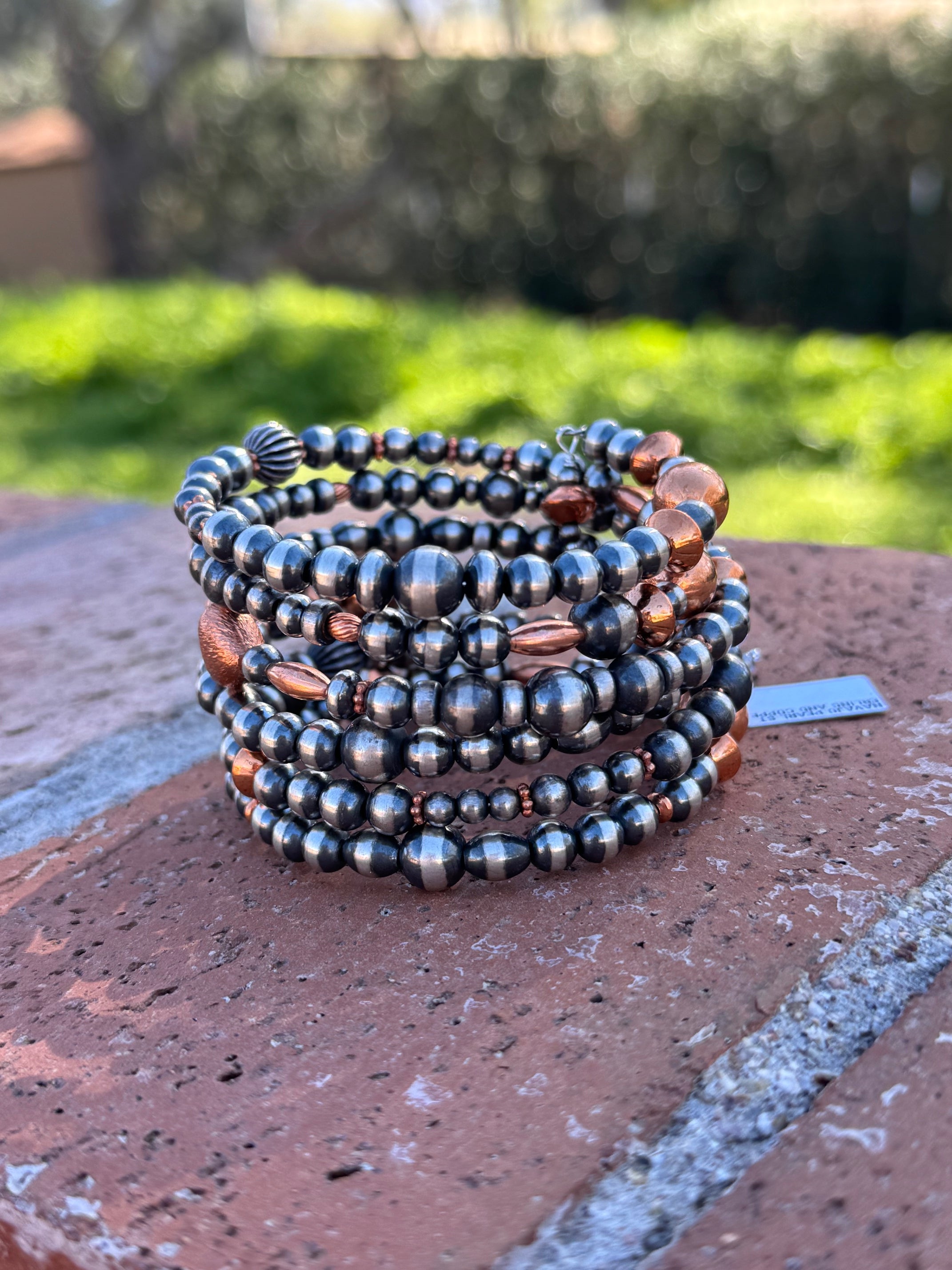 Handcrafted Copper & Sterling Silver Pearl 6-8mm Beaded 6 strand Stretch Bracelet