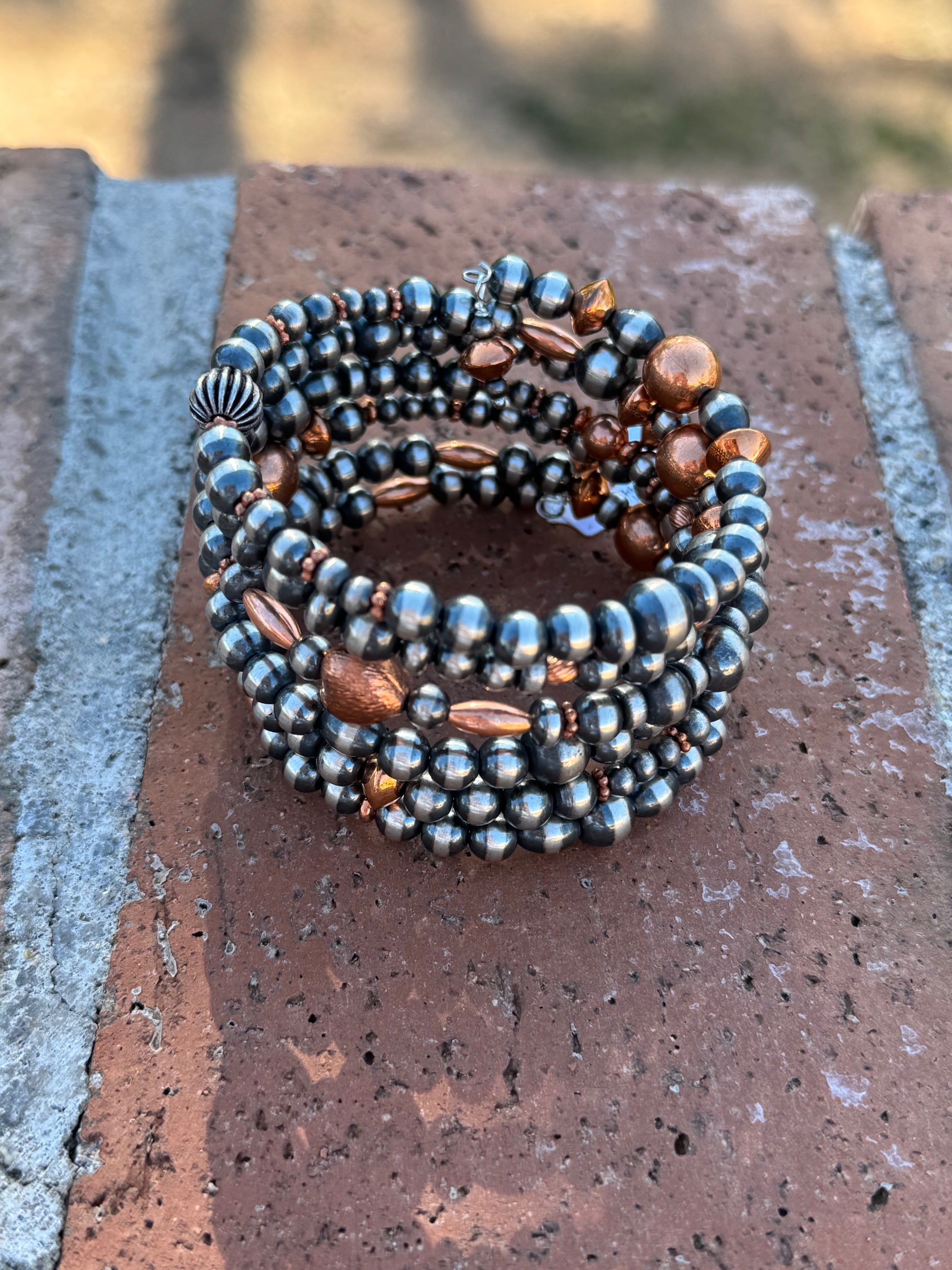 Handcrafted Copper & Sterling Silver Pearl 6-8mm Beaded 6 strand Stretch Bracelet