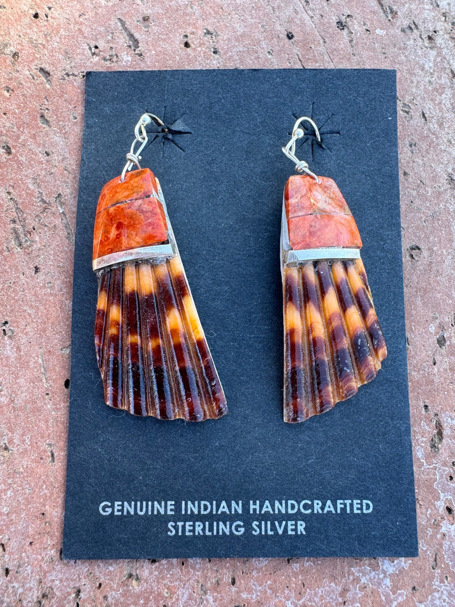 Handcrafted Red Spiny Inlay & Shell Dangle Earrings