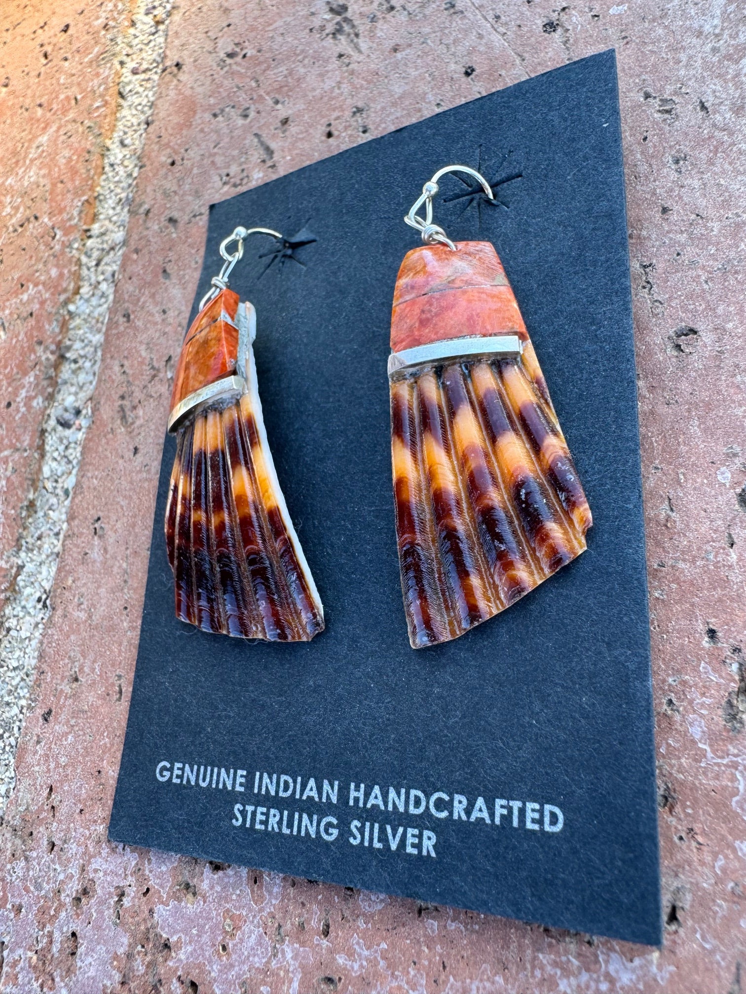 Handcrafted Red Spiny Inlay & Shell Dangle Earrings
