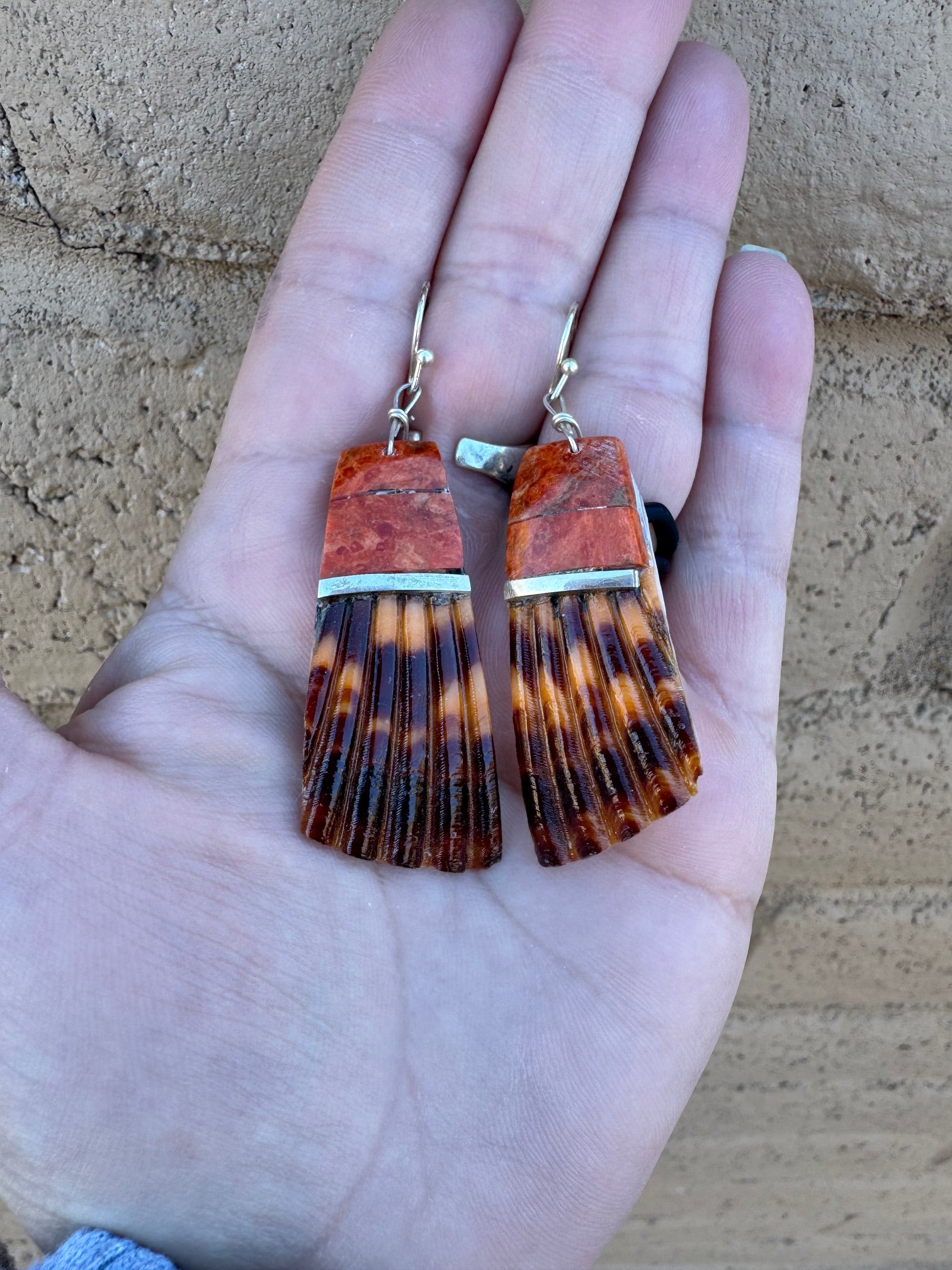 Handcrafted Red Spiny Inlay & Shell Dangle Earrings