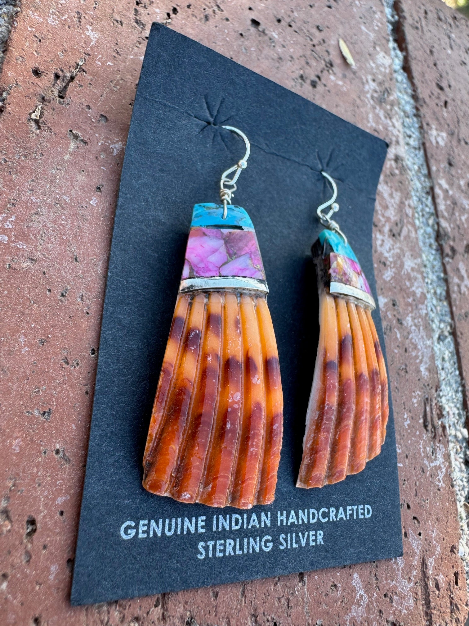 Handcrafted Multi Stone Inlay & Shell Dangle Earrings