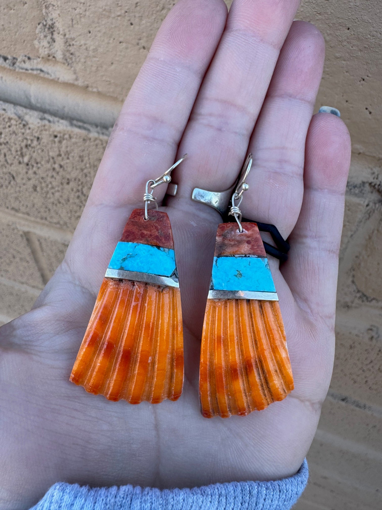 Handcrafted Multi Stone Inlay & Shell Dangle Earrings