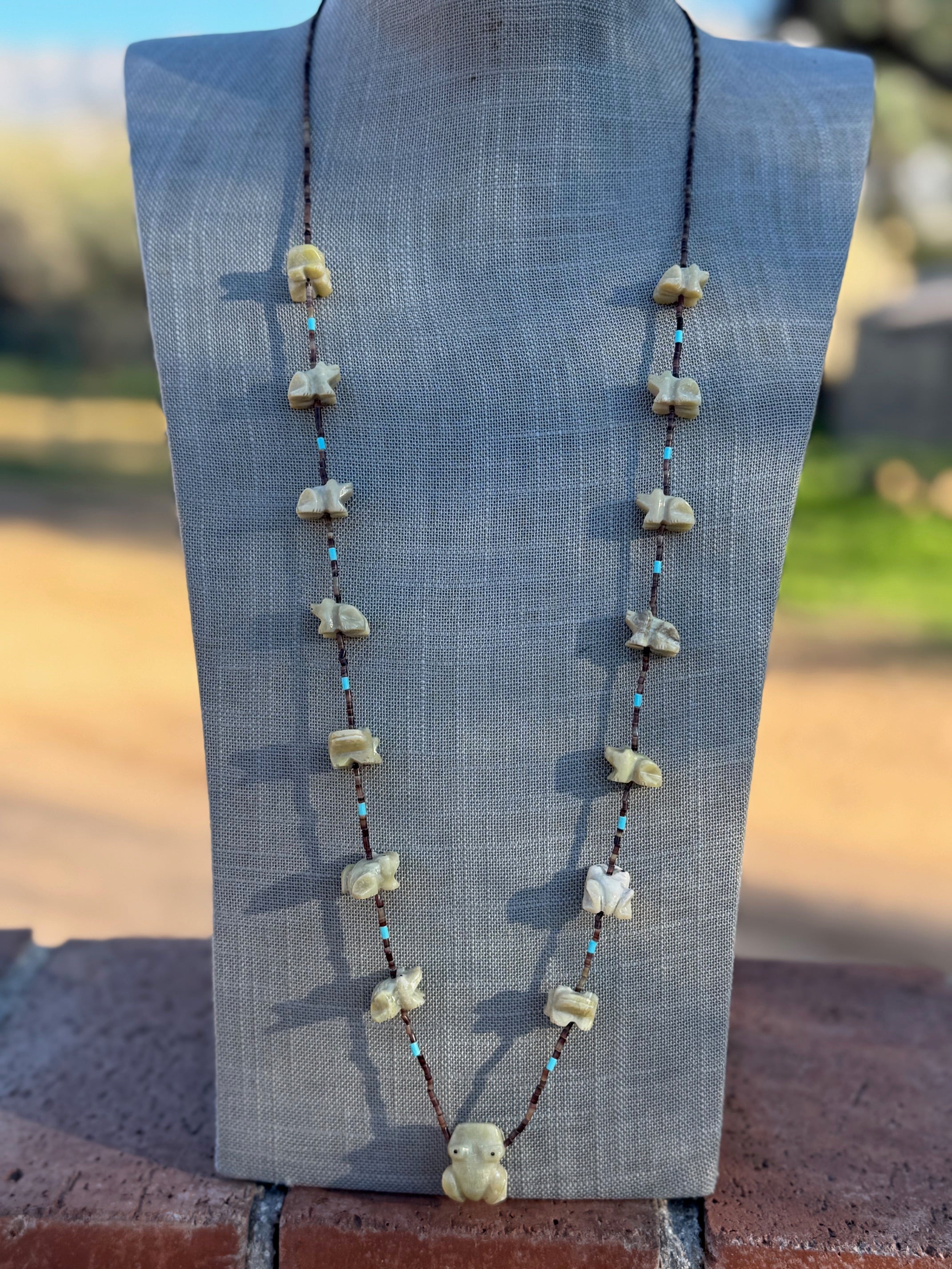 Handcrafted Sterling Silver & Beaded Frog Fetish Necklace 33"