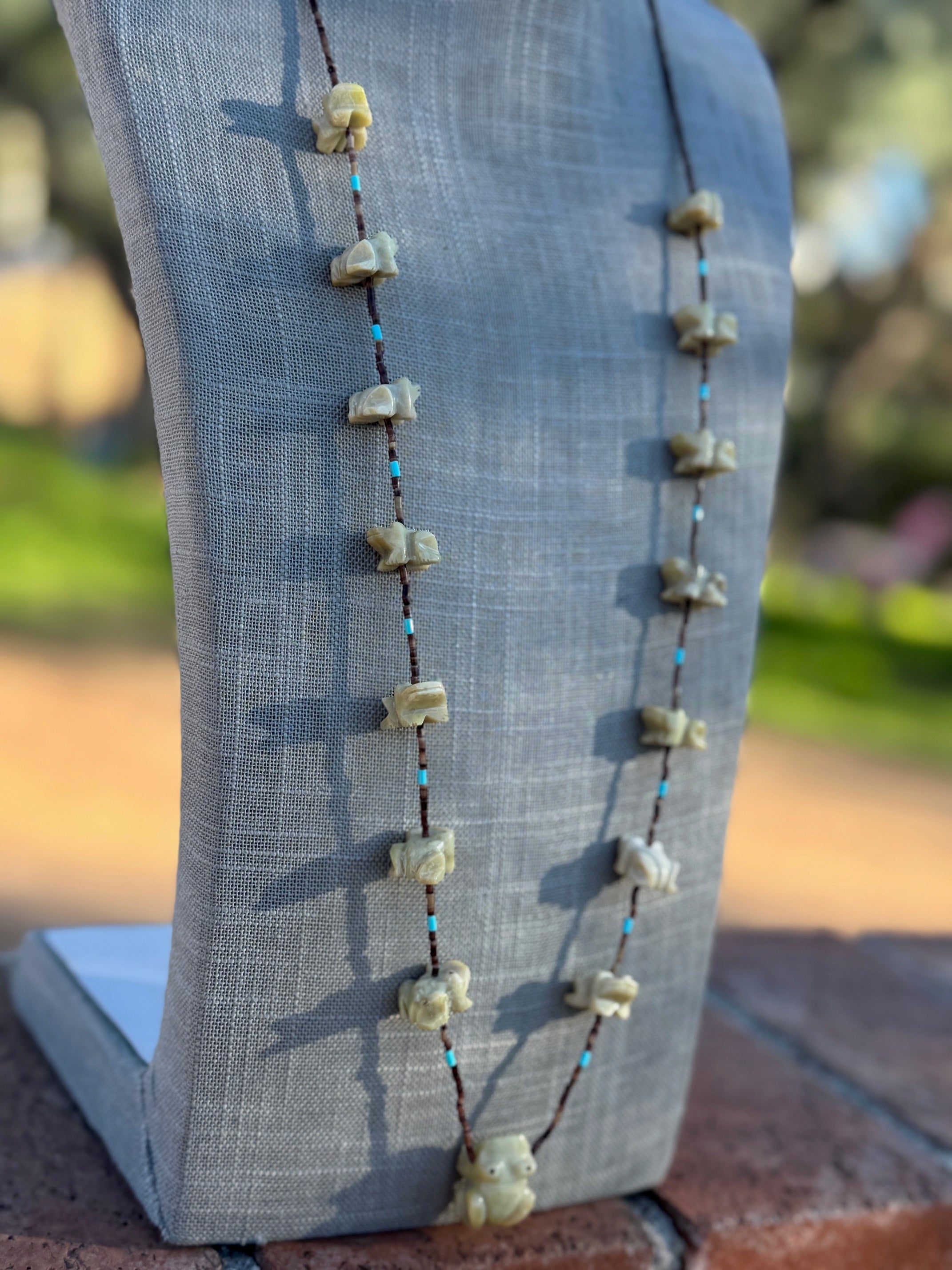 Handcrafted Sterling Silver & Beaded Frog Fetish Necklace 33"