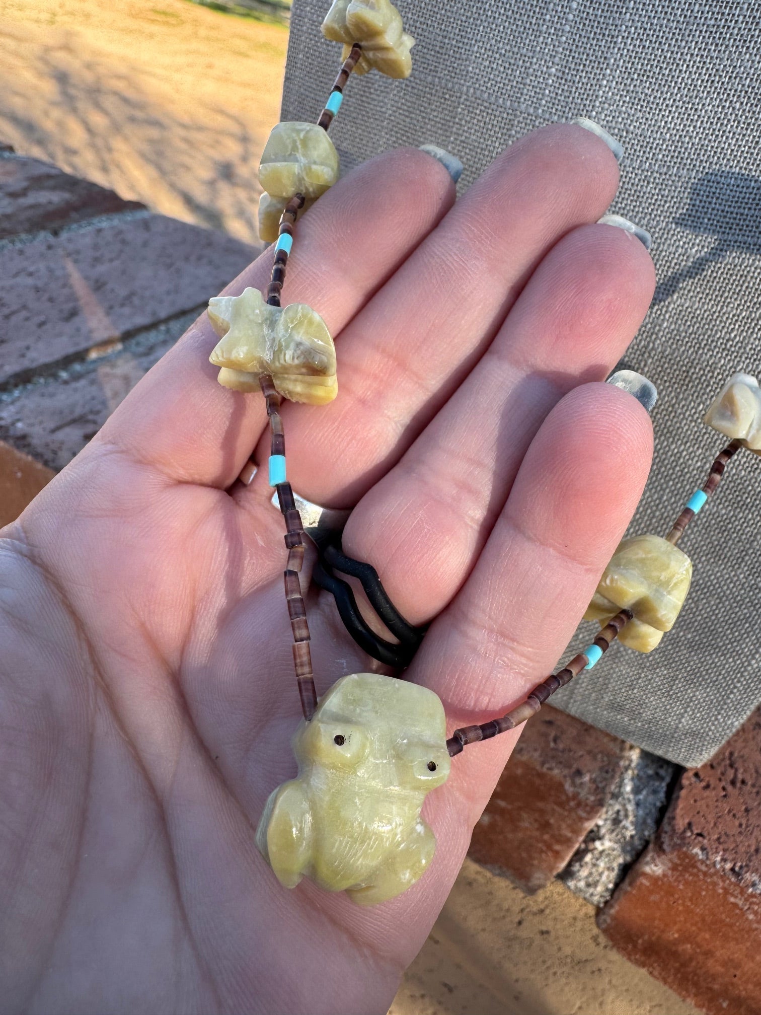 Handcrafted Sterling Silver & Beaded Frog Fetish Necklace 33"