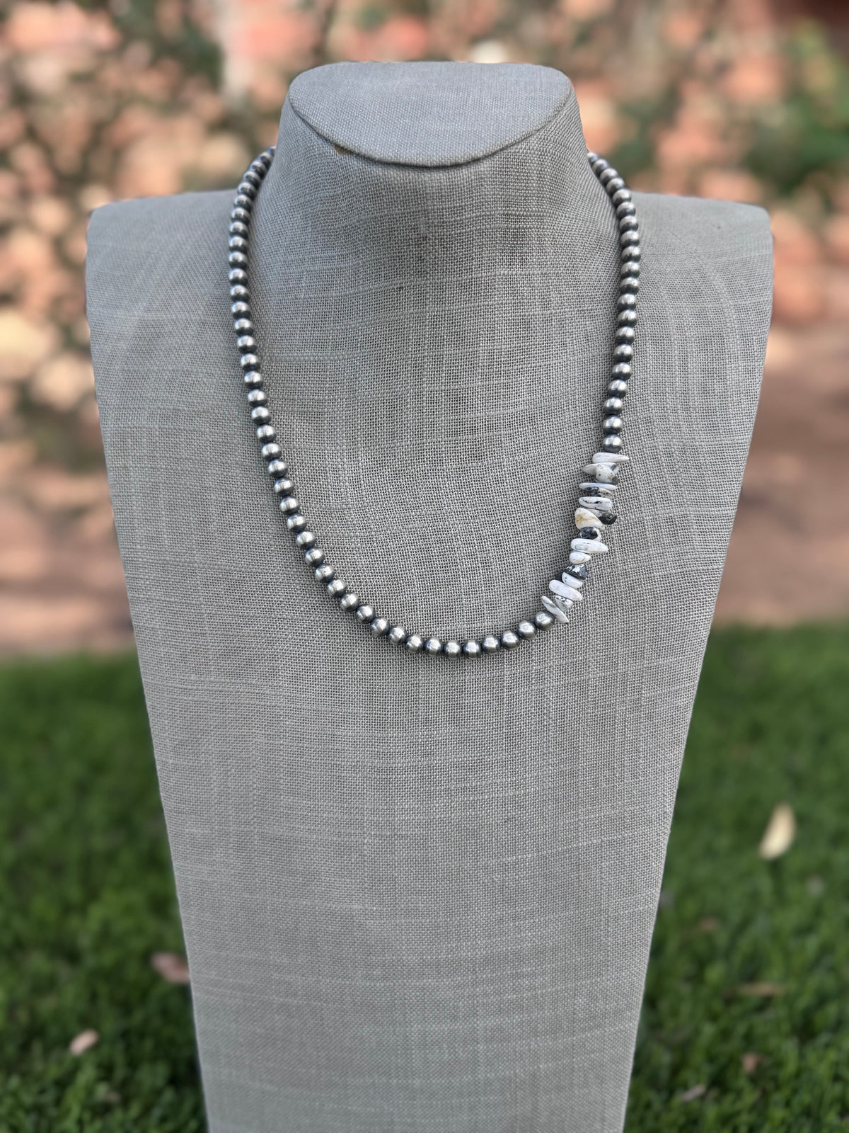 Handcrafted White Buffalo & Sterling Silver Pearl 20” Beaded Necklace
