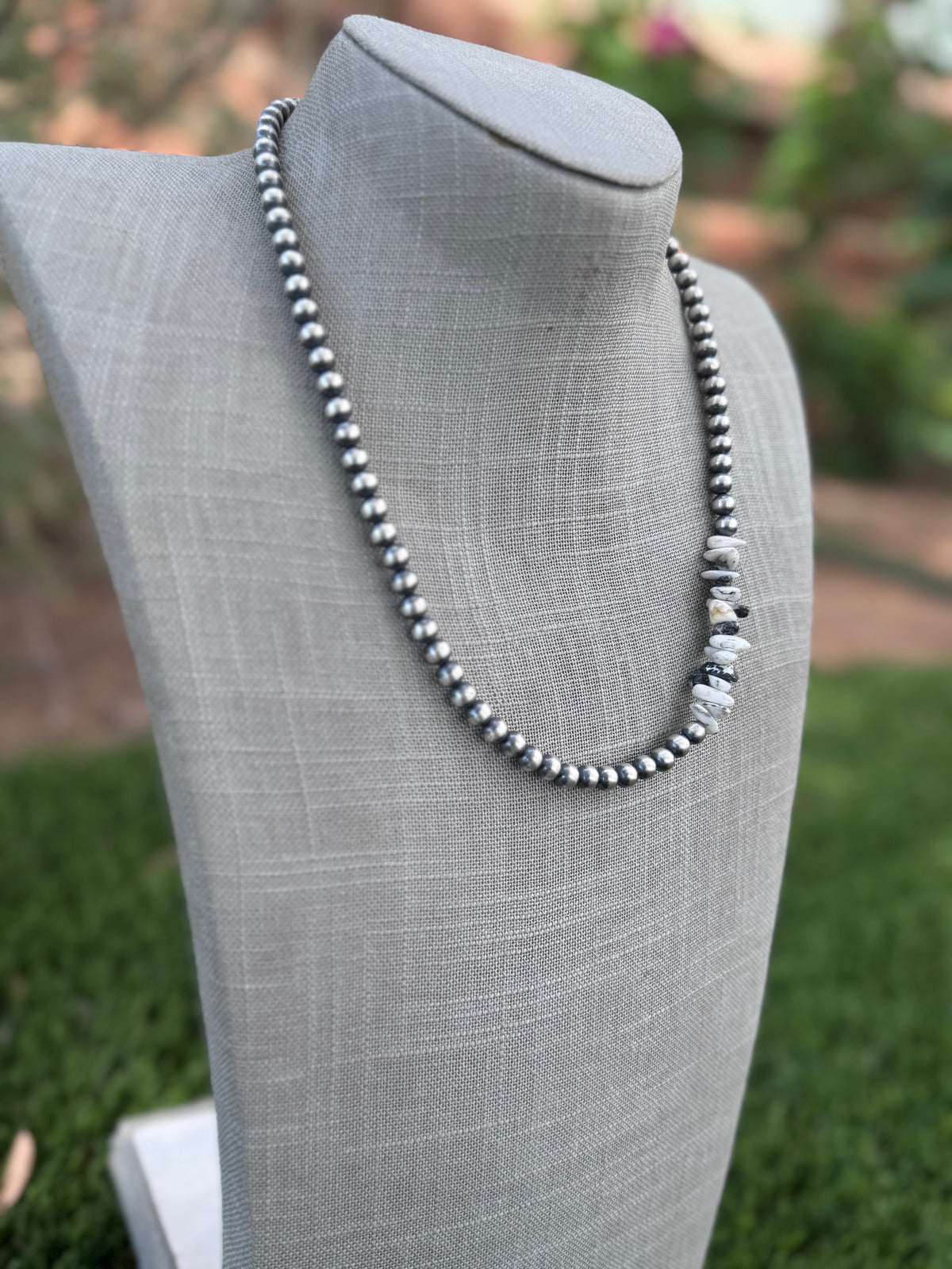 Handcrafted White Buffalo & Sterling Silver Pearl 20” Beaded Necklace
