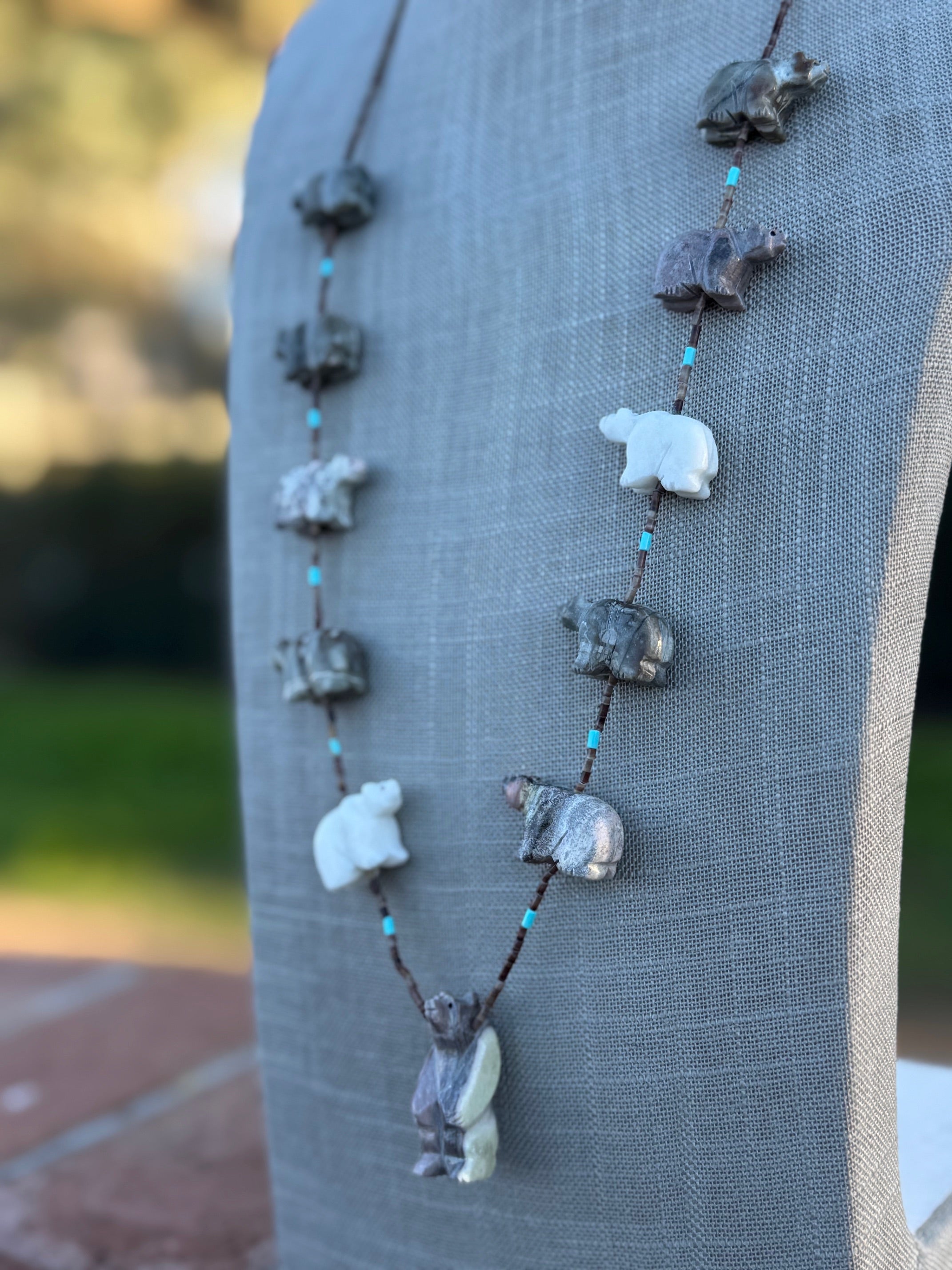 Handcrafted Sterling Silver & Beaded Bear Fetish Necklace 30"