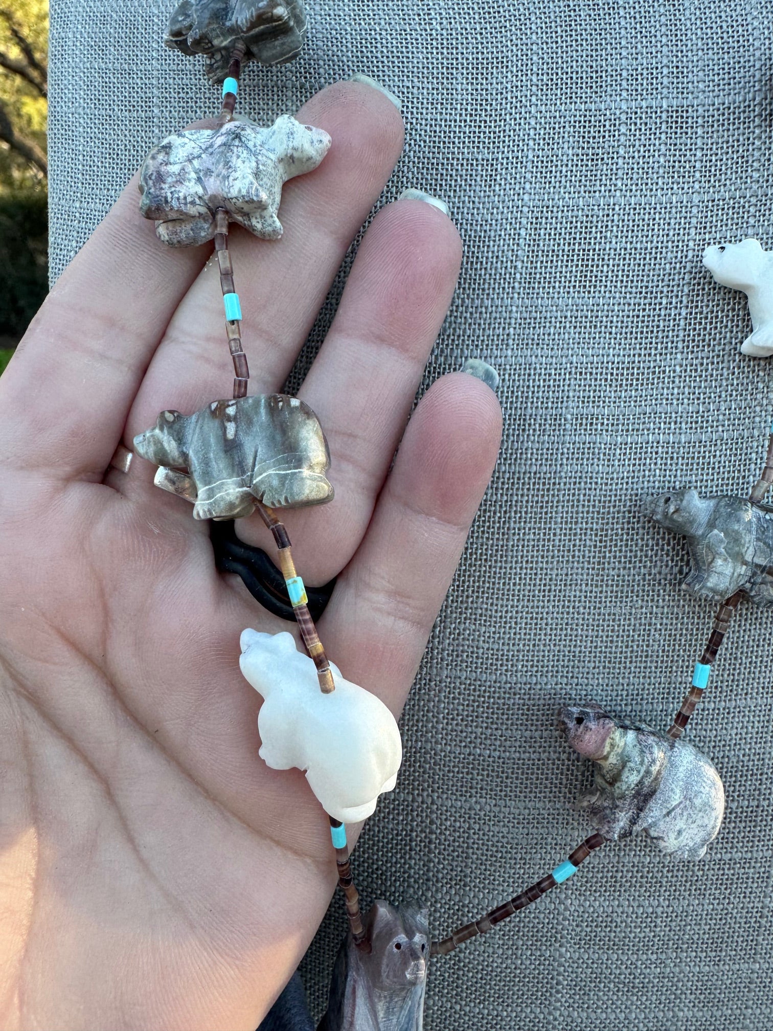 Handcrafted Sterling Silver & Beaded Bear Fetish Necklace 30"