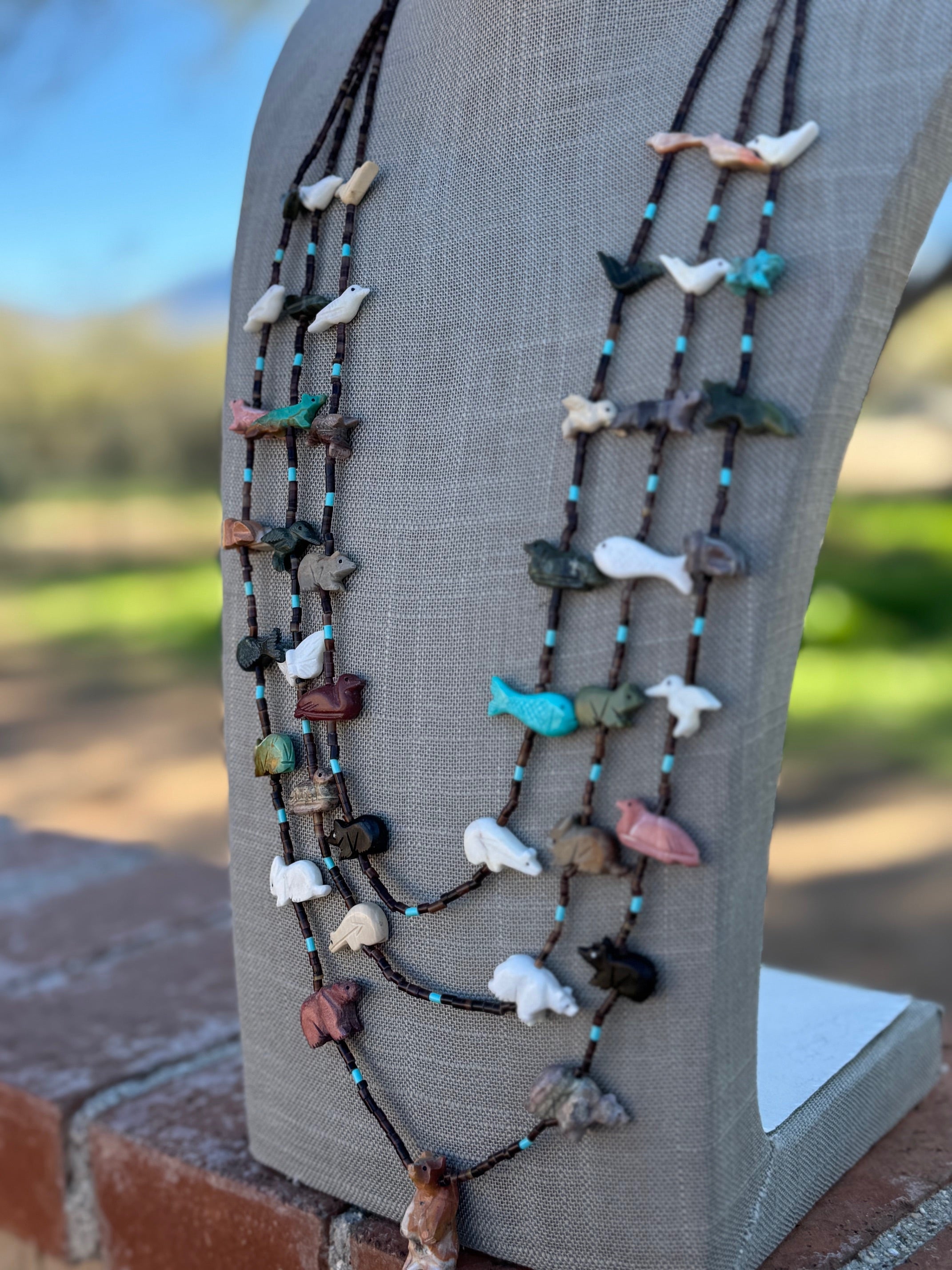 Handcrafted Sterling Silver & Beaded Fetish 3 strand Necklace 30"