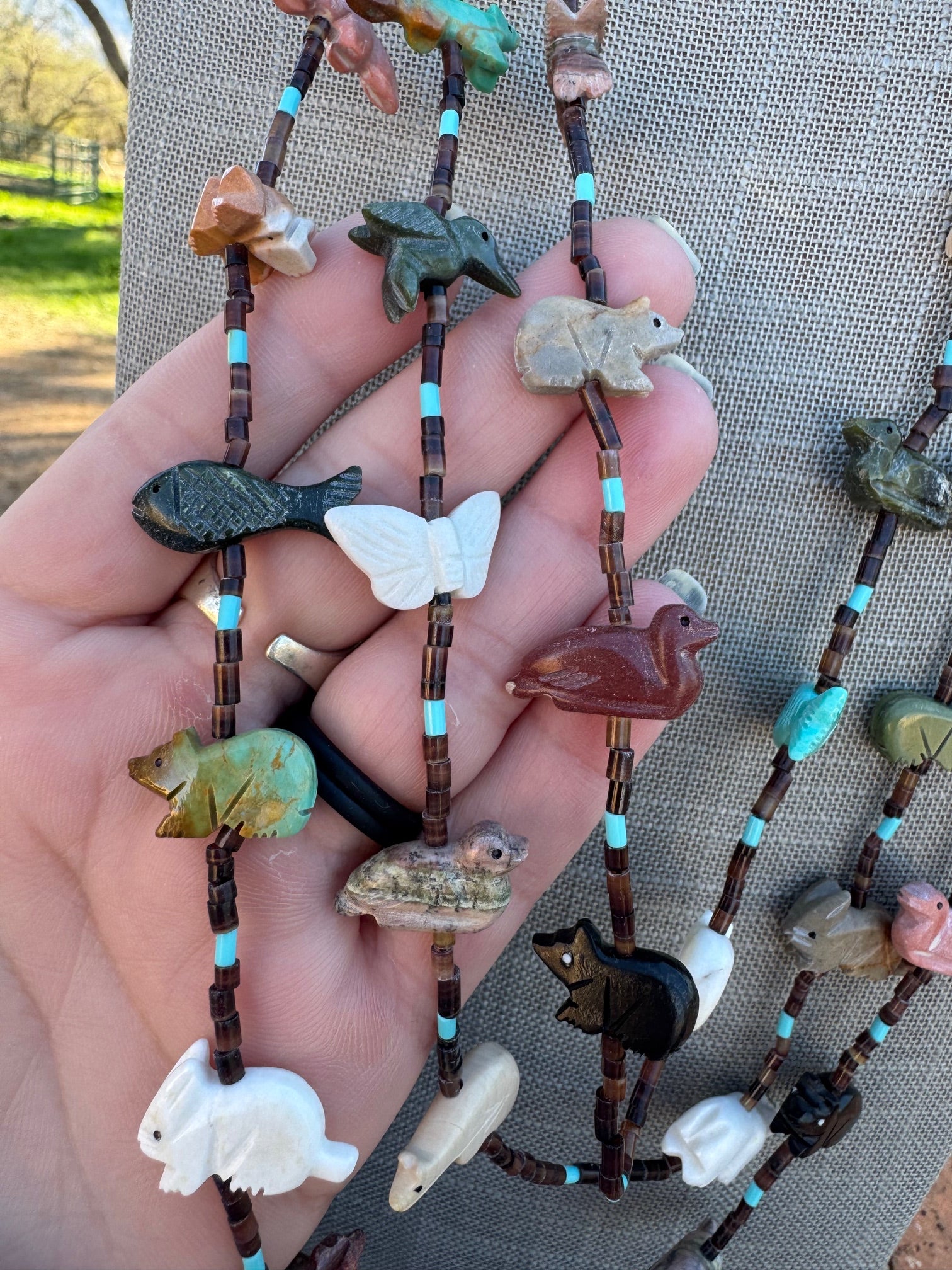 Handcrafted Sterling Silver & Beaded Fetish 3 strand Necklace 30"