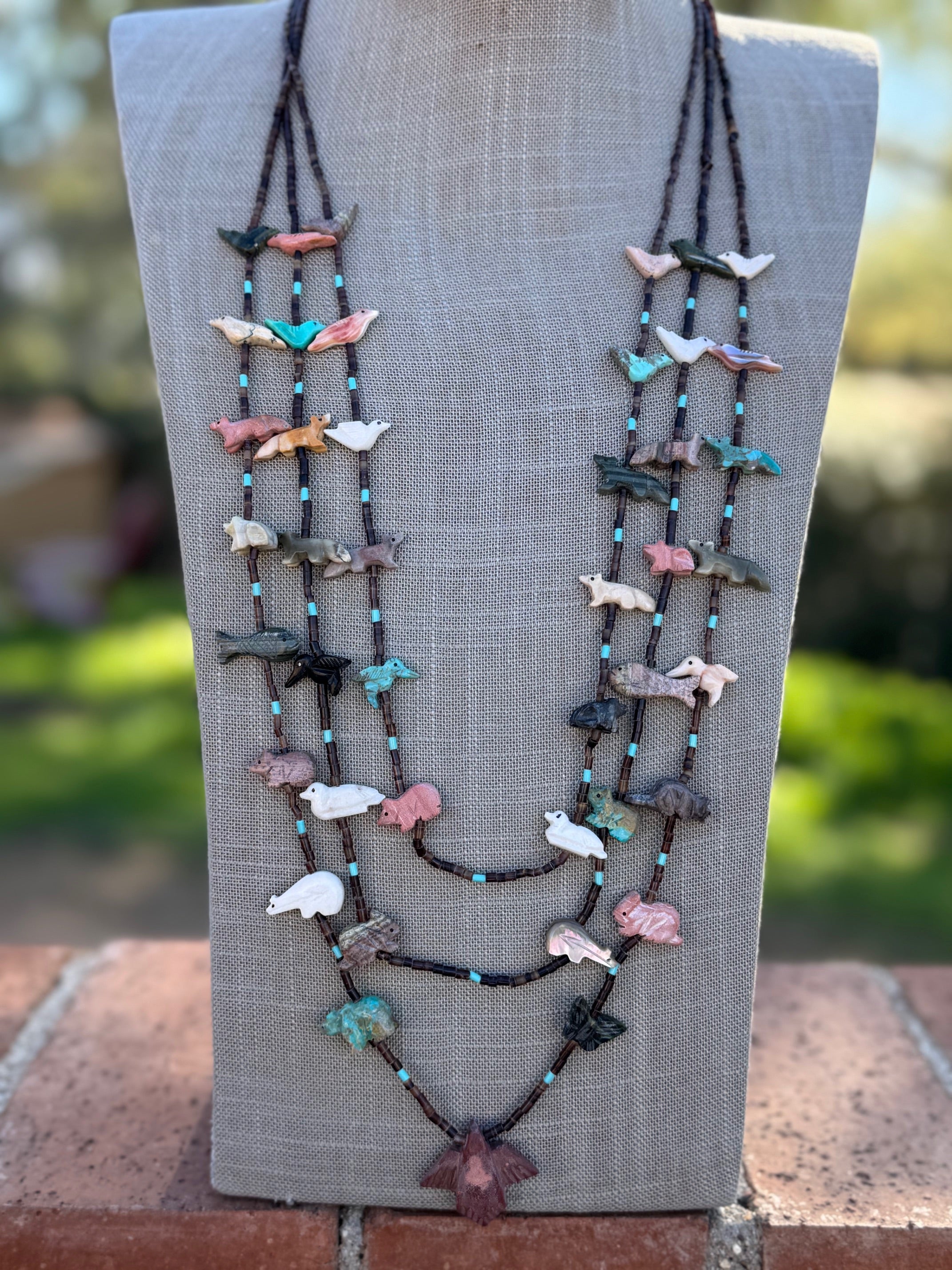 Handcrafted Sterling Silver & Beaded Fetish 3 strand Necklace 30"