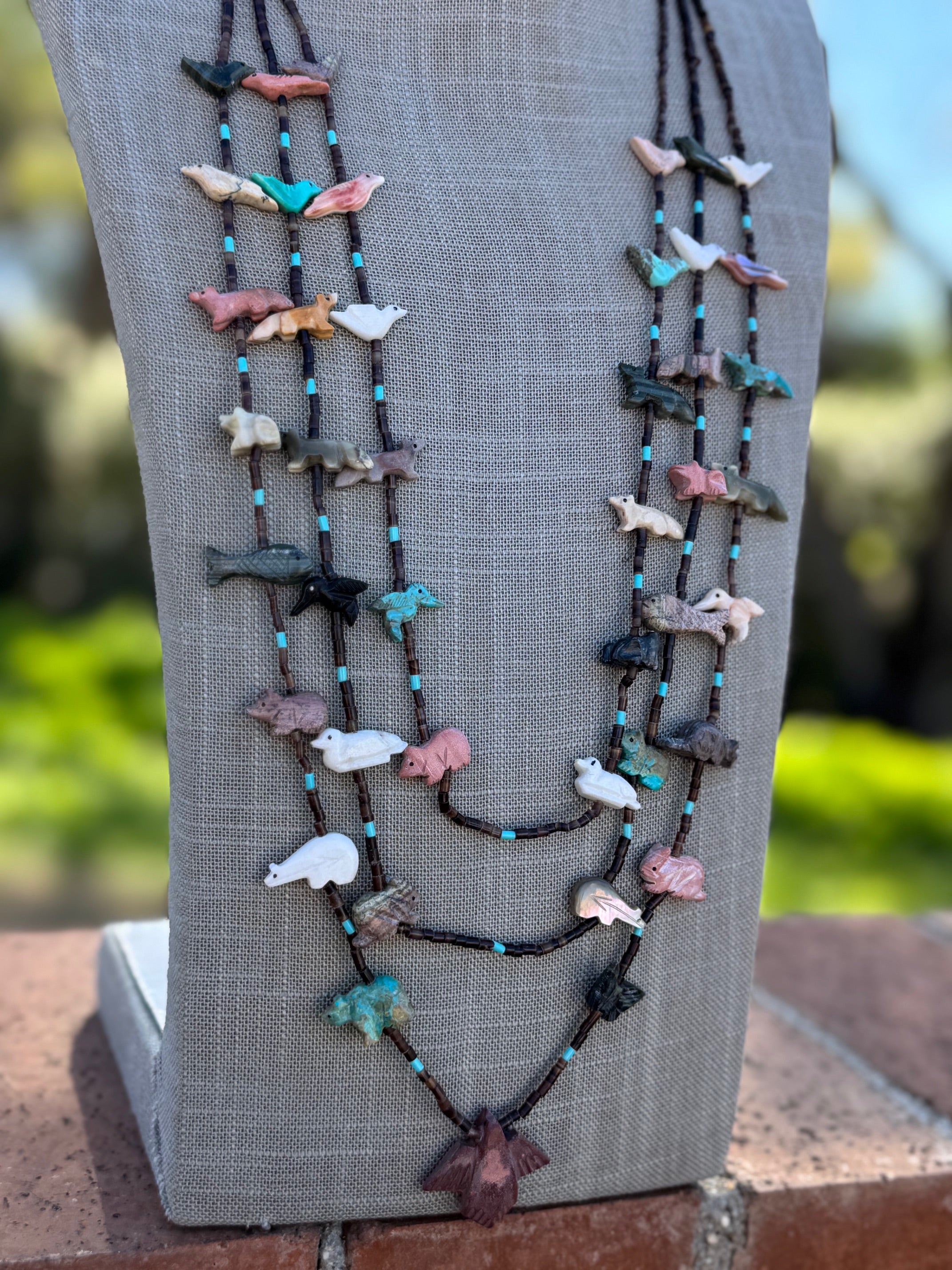 Handcrafted Sterling Silver & Beaded Fetish 3 strand Necklace 30"