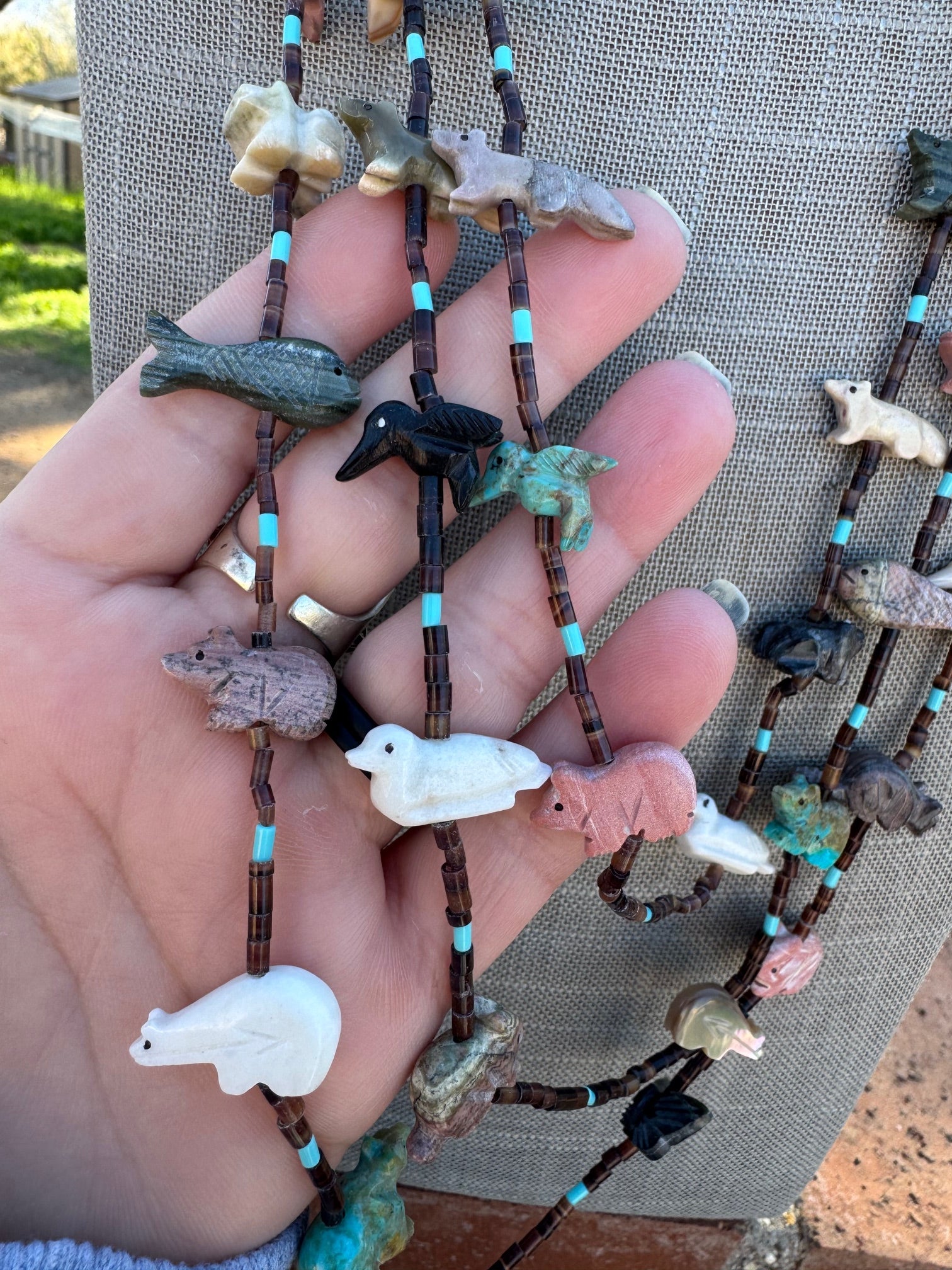 Handcrafted Sterling Silver & Beaded Fetish 3 strand Necklace 30"