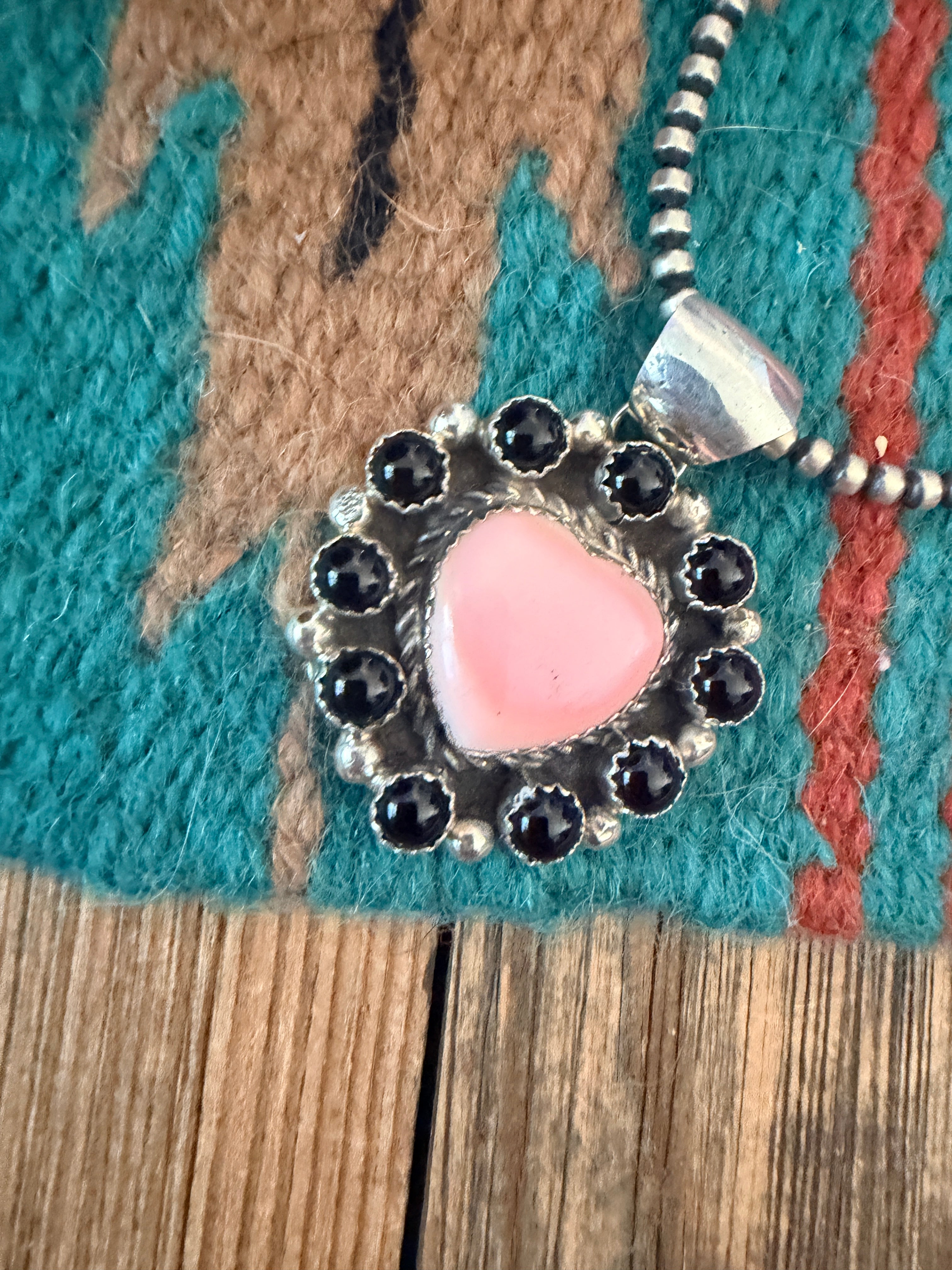 Handcrafted Sterling Silver, Queen Pink Conch & Onyx Heart Pendant by Robert Shakey