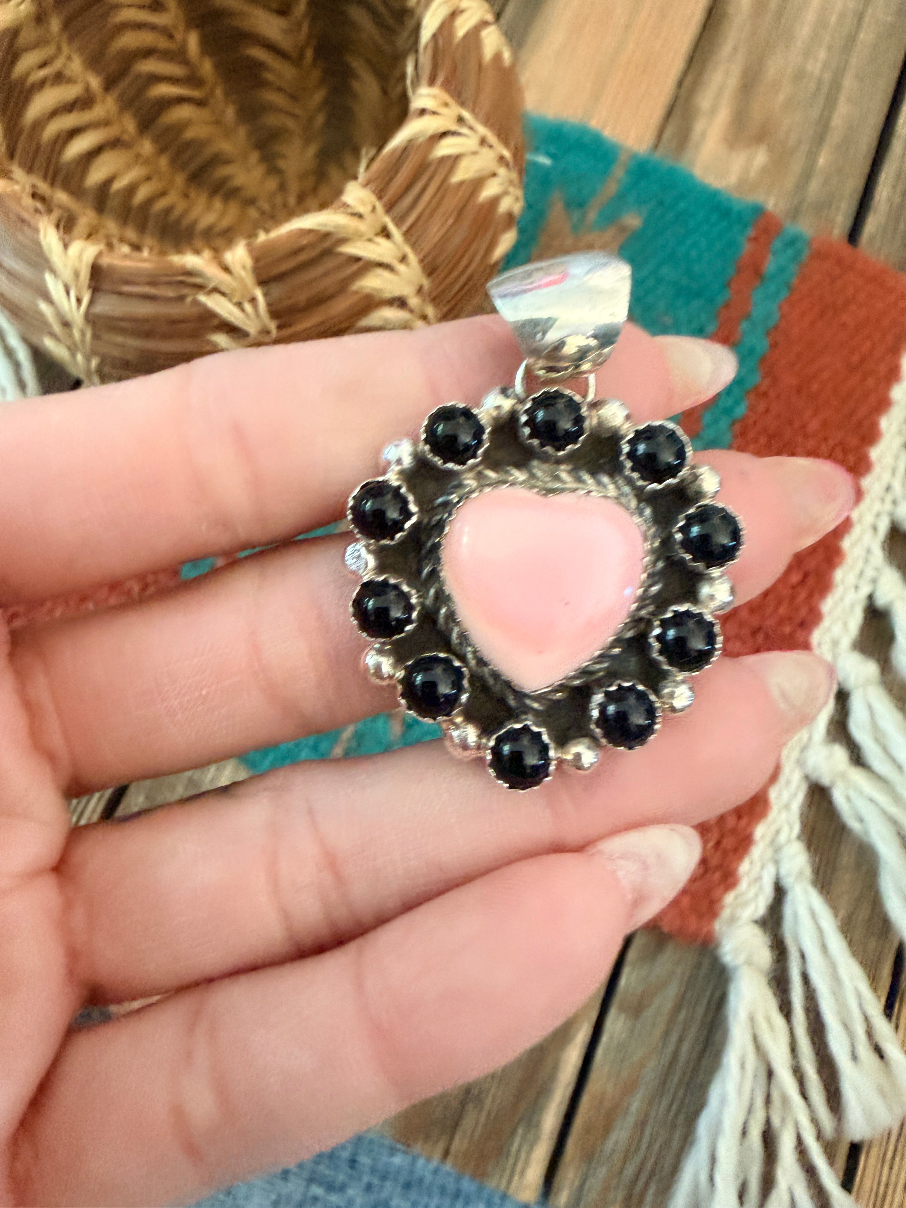 Handcrafted Sterling Silver, Queen Pink Conch & Onyx Heart Pendant by Robert Shakey